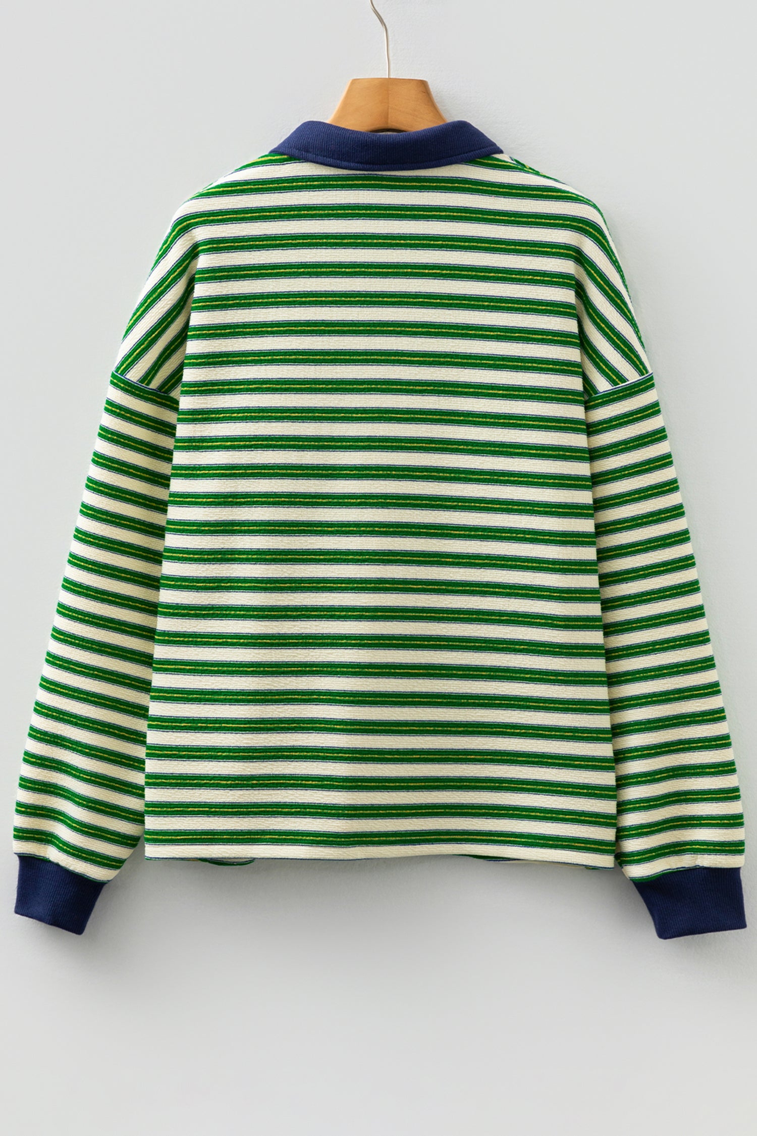 Dark Green Striped Print Contrast Collar Zip V Neck Long Sleeve Top-Tops/Long Sleeve Tops-[Adult]-[Female]-2022 Online Blue Zone Planet