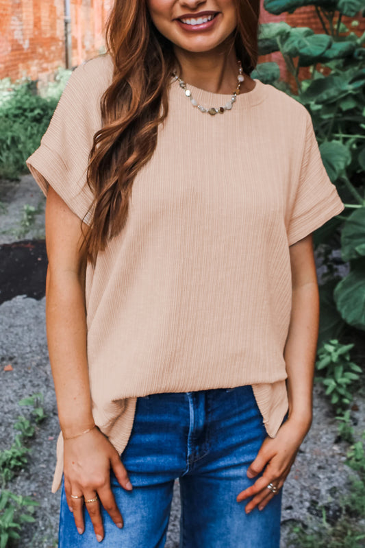 Jet Stream Textured Knit Round Neck Short Sleeve Top-Tops/Tops & Tees-[Adult]-[Female]-Jet Stream-S-2022 Online Blue Zone Planet