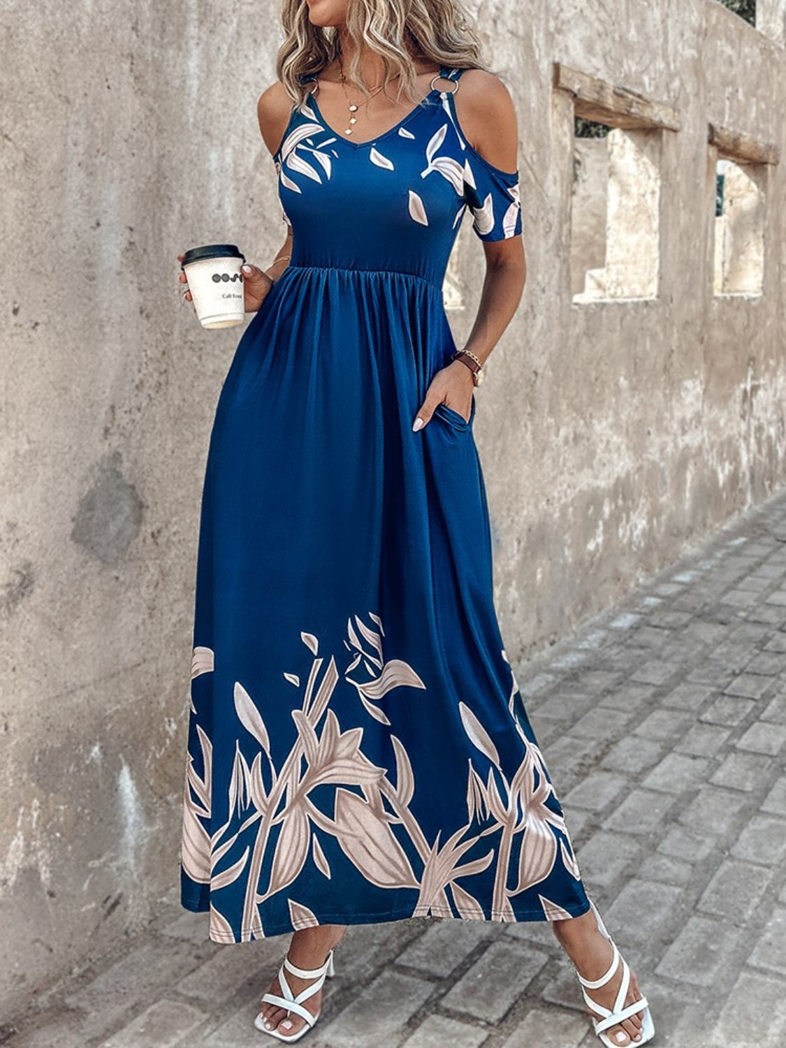 Blue Zone Planet | Printed Cold Shoulder Short Sleeve Maxi Dress-TOPS / DRESSES-[Adult]-[Female]-2022 Online Blue Zone Planet