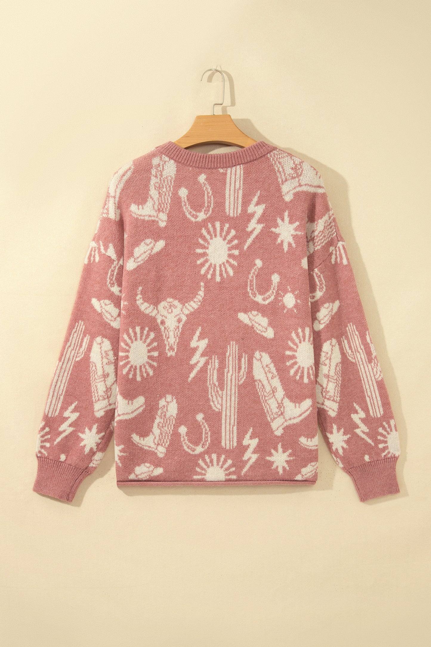 Peach Blossom Western Print Drop Shoulder Round Neck Long Sleeve Sweater-TOPS / DRESSES-[Adult]-[Female]-2022 Online Blue Zone Planet