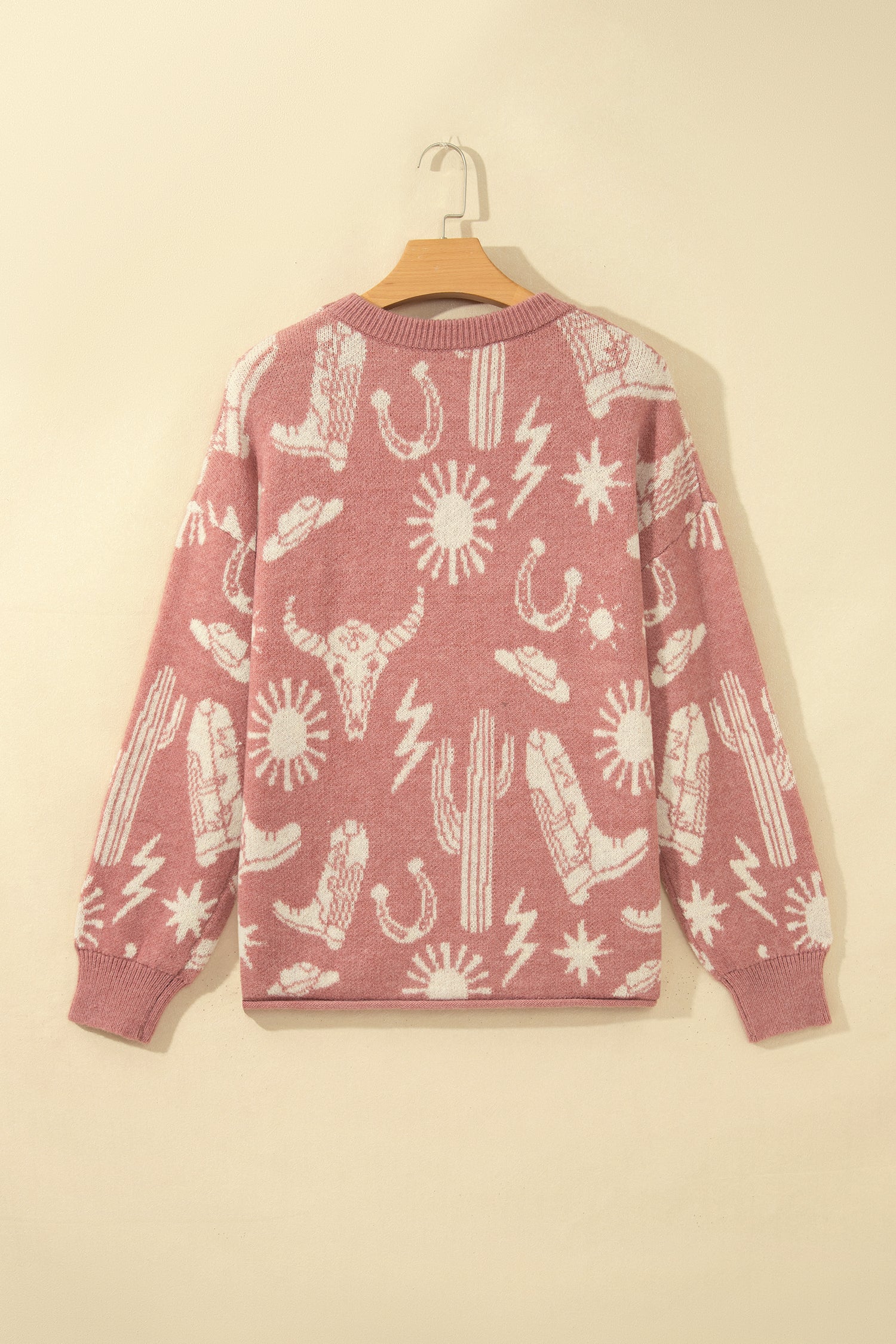 Peach Blossom Western Print Drop Shoulder Round Neck Long Sleeve Sweater-TOPS / DRESSES-[Adult]-[Female]-2022 Online Blue Zone Planet