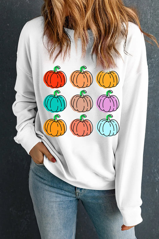 Blue Zone Planet | Pumpkin Graphic Long Sleeve Sweatshirt-TOPS / DRESSES-[Adult]-[Female]-White-S-2022 Online Blue Zone Planet