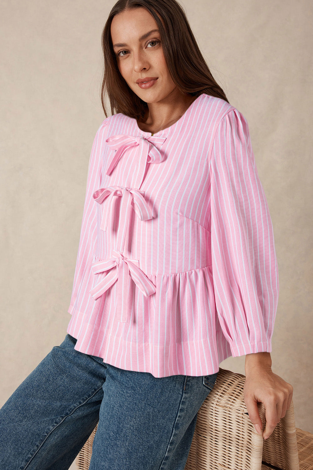 Pink Stripe Bowknot Front Crew Neck Puff Sleeve Blouse-Tops/Blouses & Shirts-[Adult]-[Female]-2022 Online Blue Zone Planet