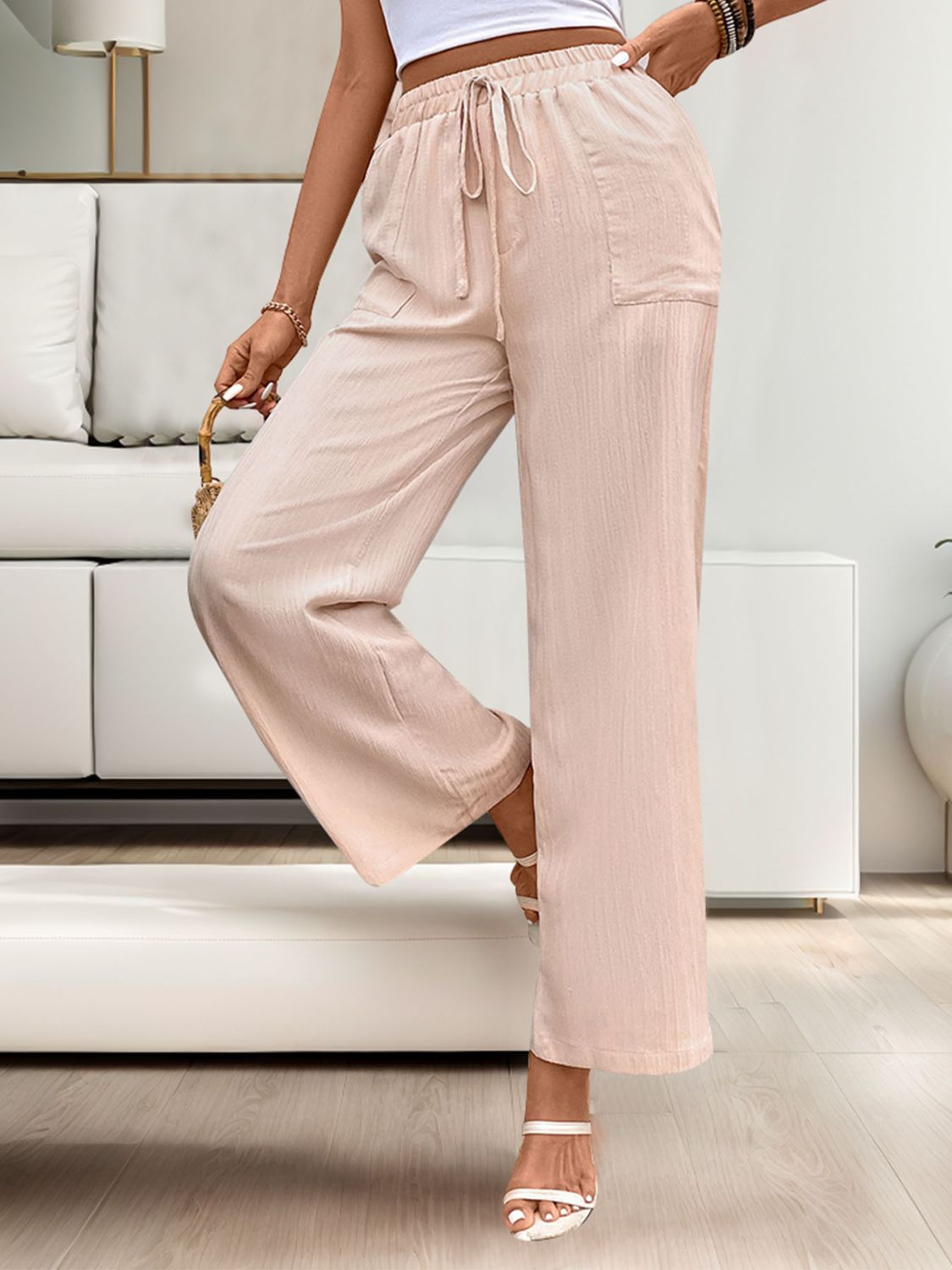 Blue Zone Planet | Perfee Tied Wide Leg Pants with Pockets-BOTTOMS SIZES SMALL MEDIUM LARGE-[Adult]-[Female]-2022 Online Blue Zone Planet
