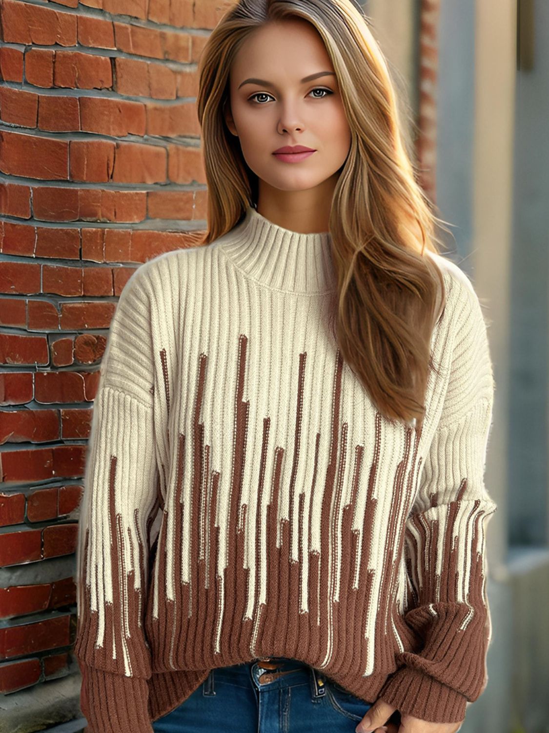 Blue Zone Planet | Contrast Mock Neck Long Sleeve Sweater-TOPS / DRESSES-[Adult]-[Female]-Tan-One Size-2022 Online Blue Zone Planet