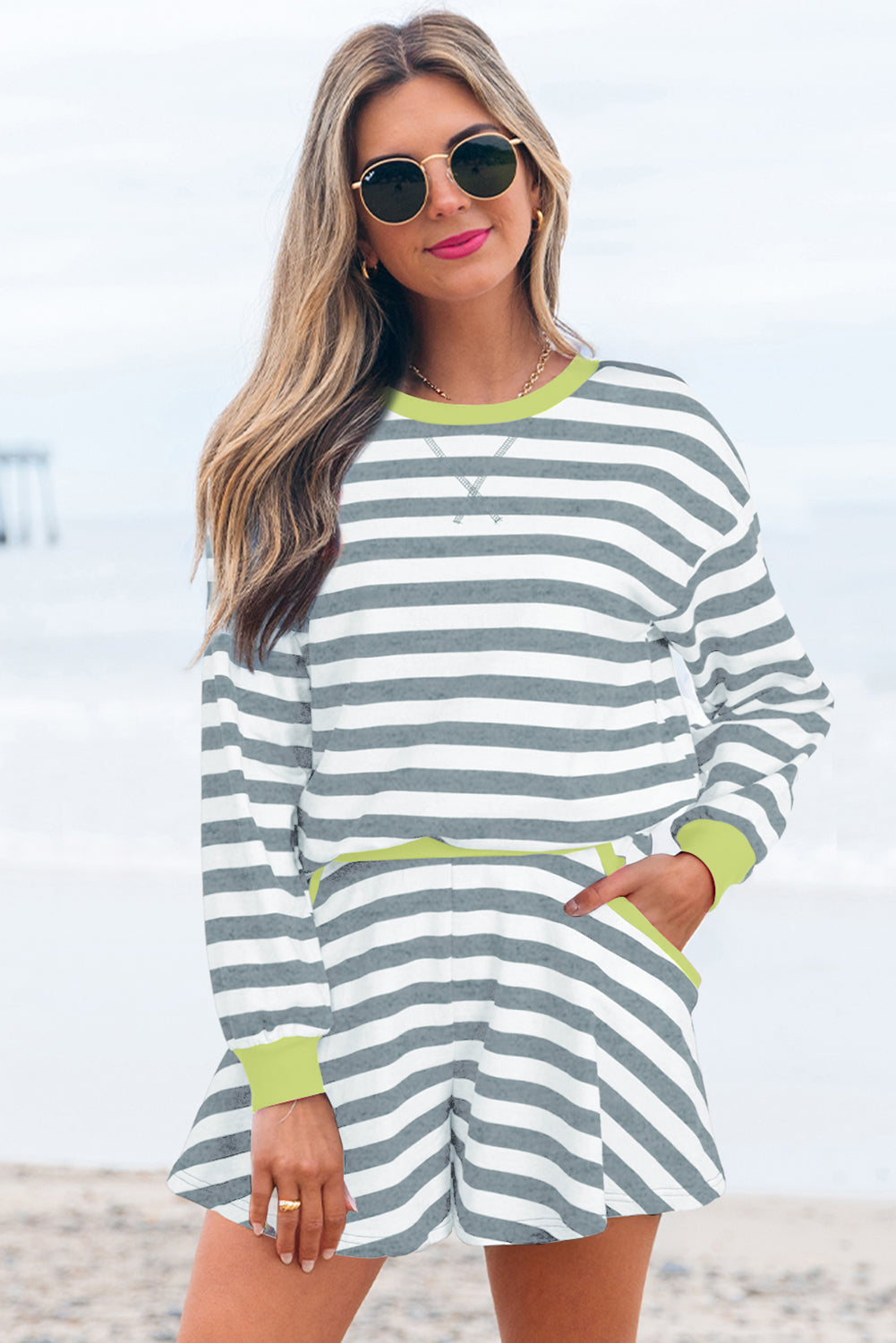 Gray Stripe Contrast Ribbed Banding Long Sleeve Blouse Loose Shorts Set-Two Piece Sets/Short Sets-[Adult]-[Female]-Gray Stripe-S-2022 Online Blue Zone Planet