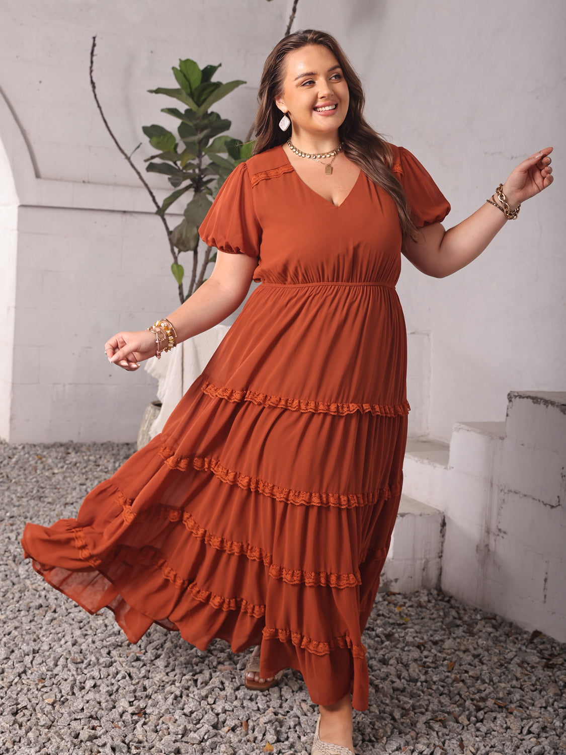 Plus Size Ruched Lace Detail V-Neck Short Sleeve Dress-TOPS / DRESSES-[Adult]-[Female]-2022 Online Blue Zone Planet