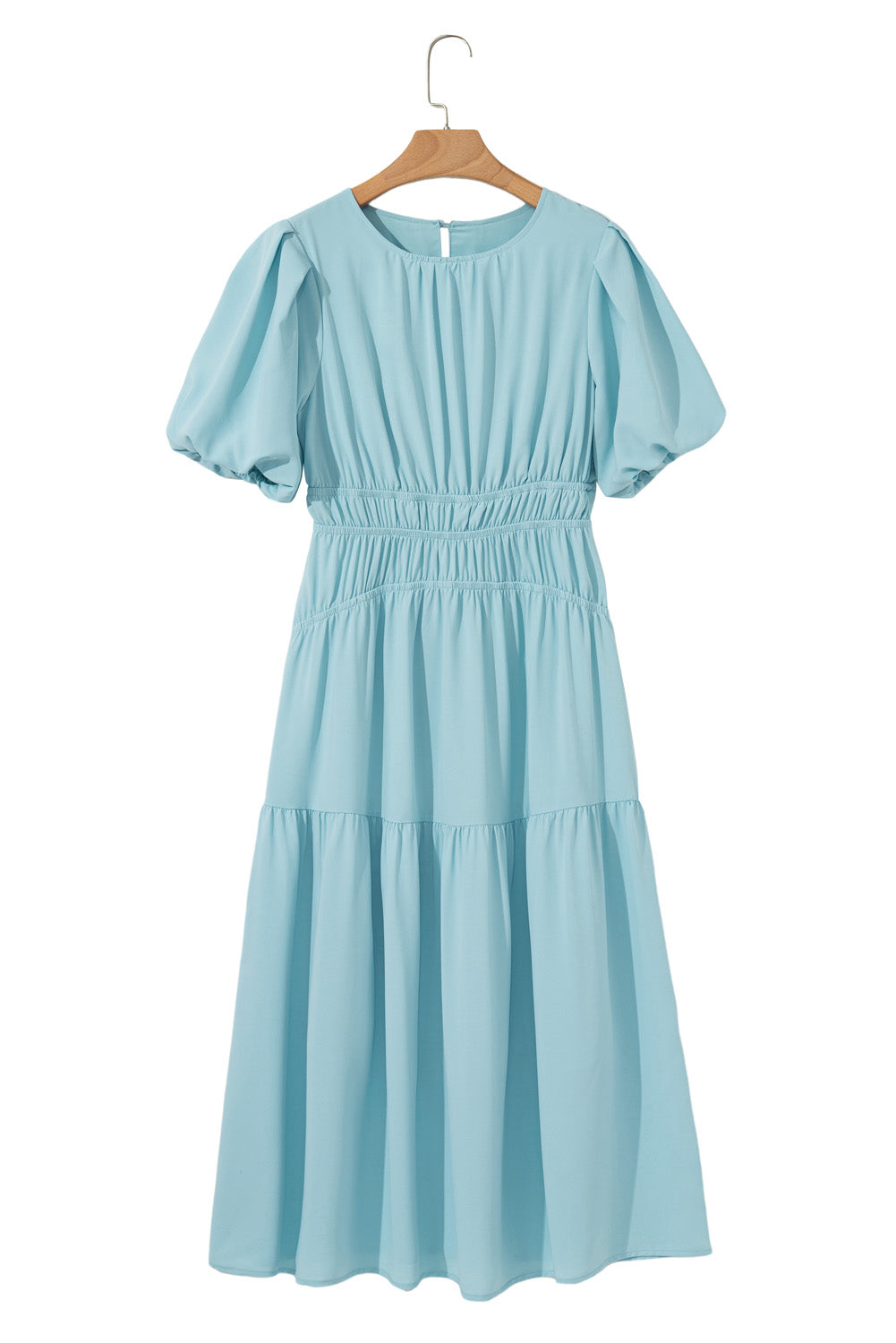 Light Blue Puff Sleeve Pleated High Waist Flowy Long Dress-Dresses/Maxi Dresses-[Adult]-[Female]-2022 Online Blue Zone Planet