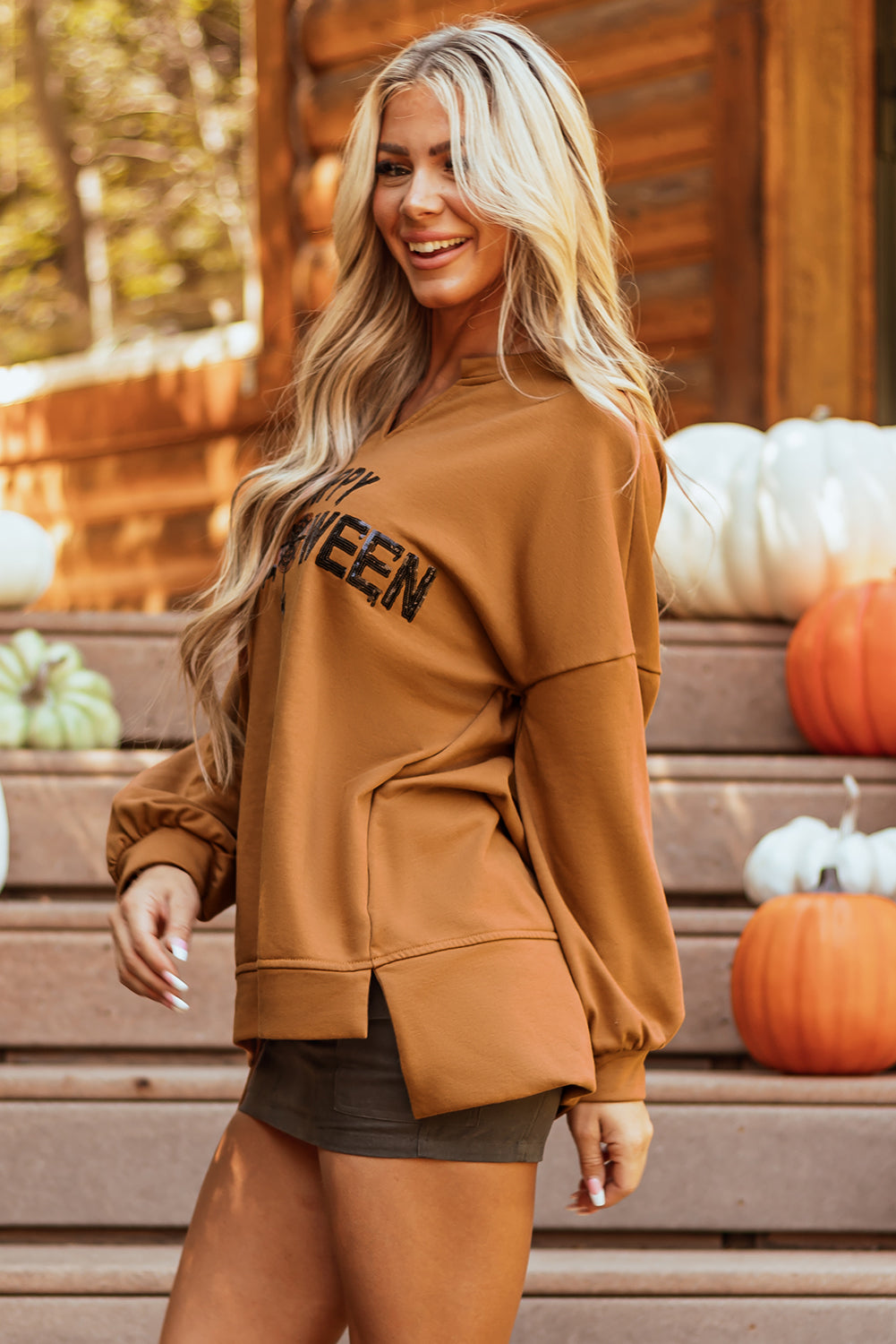 Medium Grey Sequin Happy Halloween Graphic Notched Neck Long Sleeve Loose Top-Graphic/Graphic Long Sleeve Tees-[Adult]-[Female]-2022 Online Blue Zone Planet