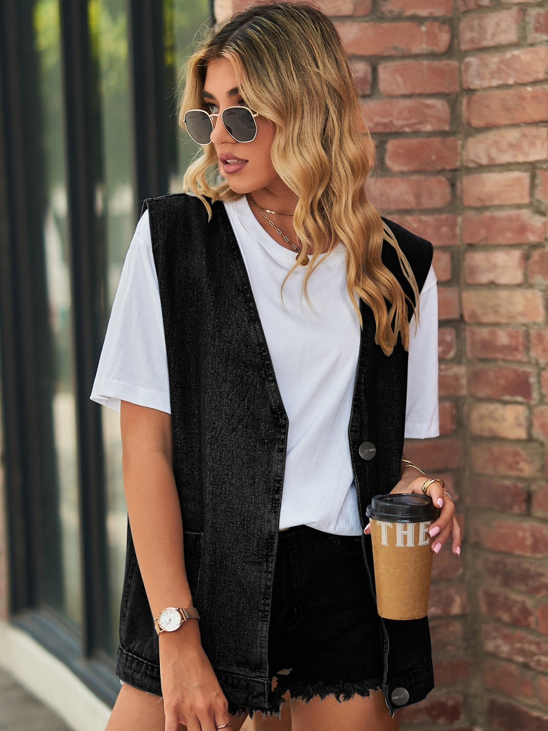 Full Size V-Neck Button Up Denim Vest-TOPS / DRESSES-[Adult]-[Female]-Light-S-2022 Online Blue Zone Planet
