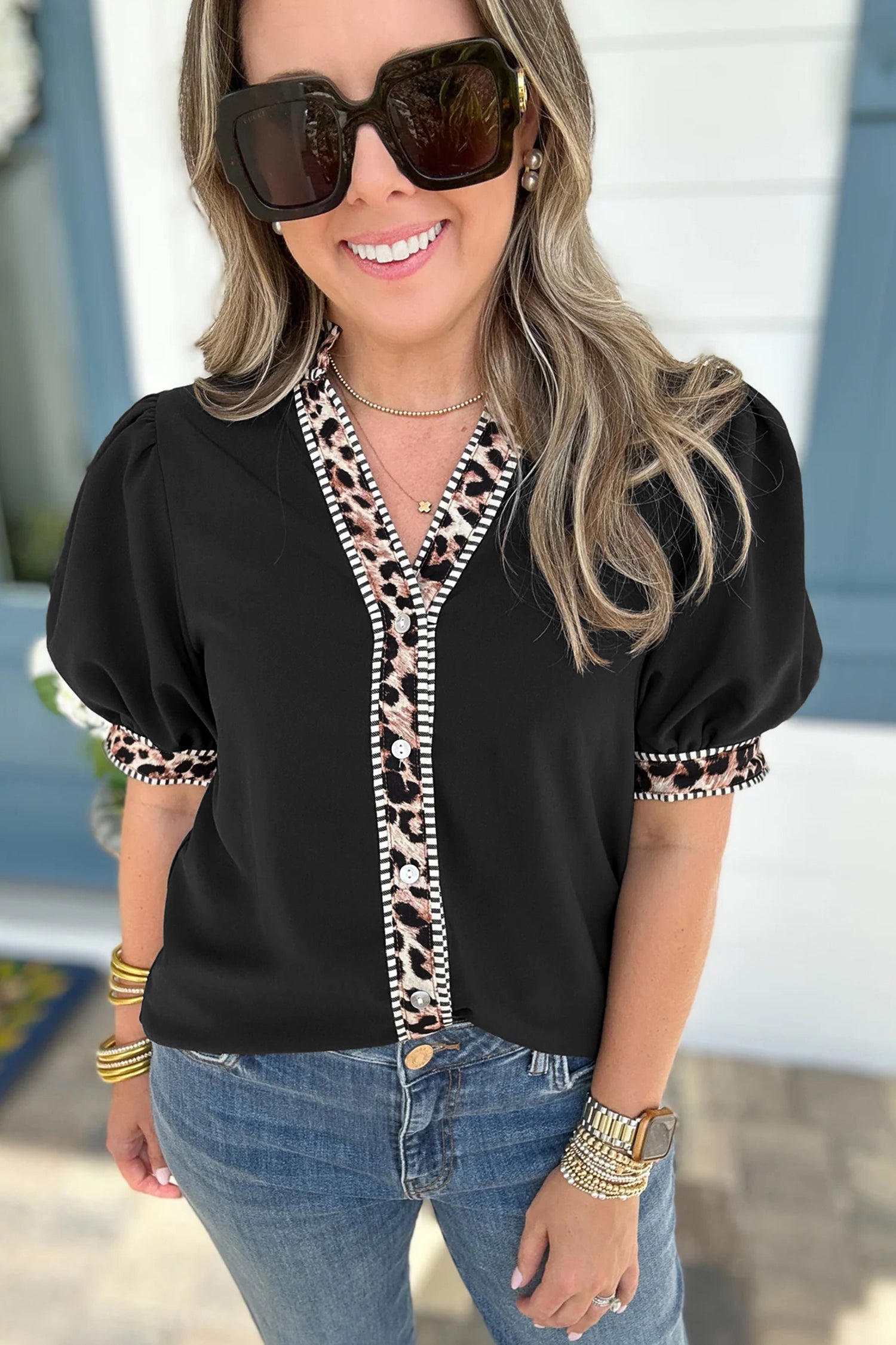 Black V Neck Short Puff Sleeve Contrast Striped Leopard Trim Button Down Shirt-Tops/Blouses & Shirts-[Adult]-[Female]-2022 Online Blue Zone Planet