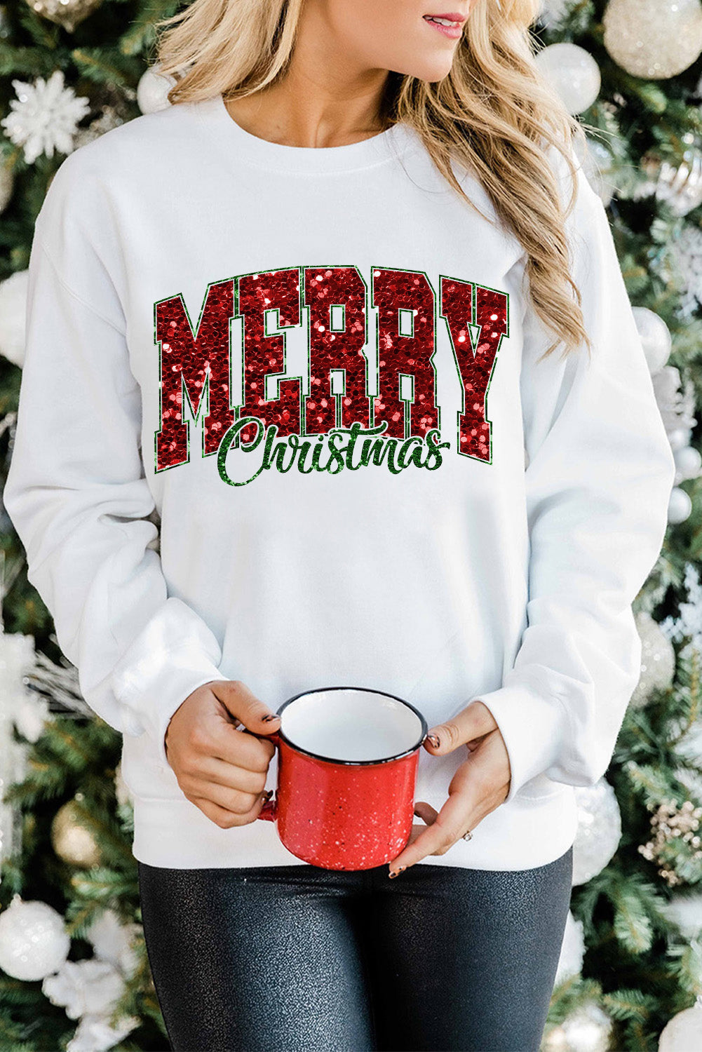 Beige MERRY Christmas Heat Transfer Printing Crewneck Pullover Sweatshirt-Graphic/Graphic Sweatshirts-[Adult]-[Female]-Beige-S-2022 Online Blue Zone Planet