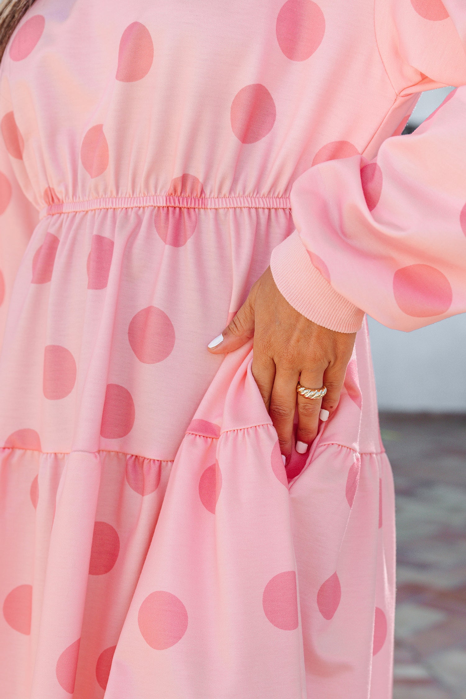Pink Polka Dot Printed Long Sleeve Flared Mini Dress-TOPS / DRESSES-[Adult]-[Female]-2022 Online Blue Zone Planet