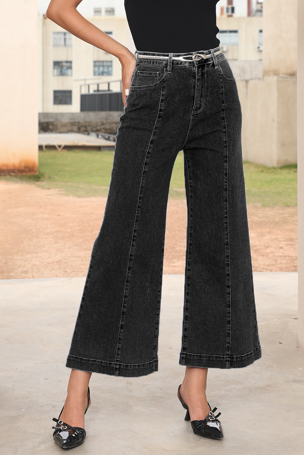 Black Plain Seam Detail Flared Bottom Ankle Length Jeans-Bottoms/Jeans-[Adult]-[Female]-2022 Online Blue Zone Planet