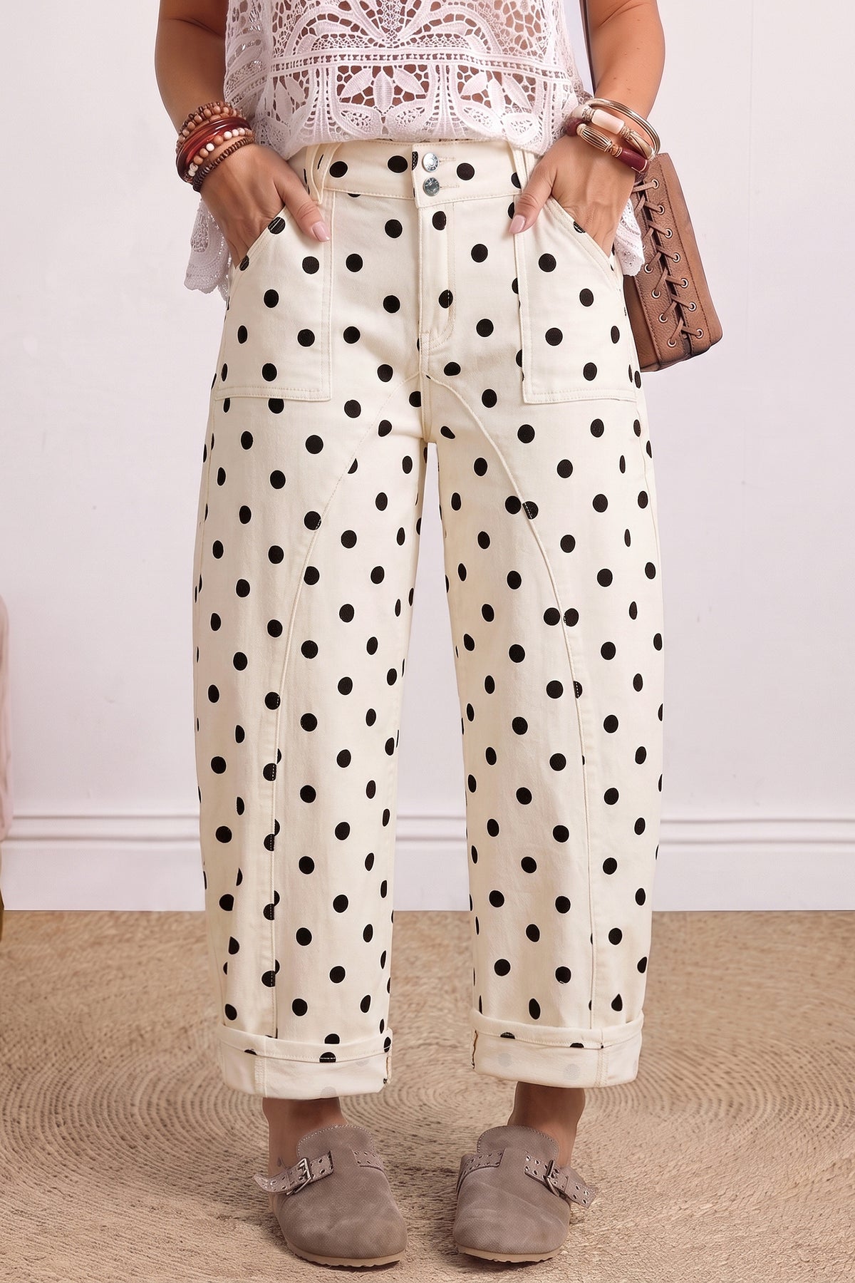 White Polka Dot Curved-Knife Ankle Denim Pants-Bottoms/Jeans-[Adult]-[Female]-White-4-2022 Online Blue Zone Planet