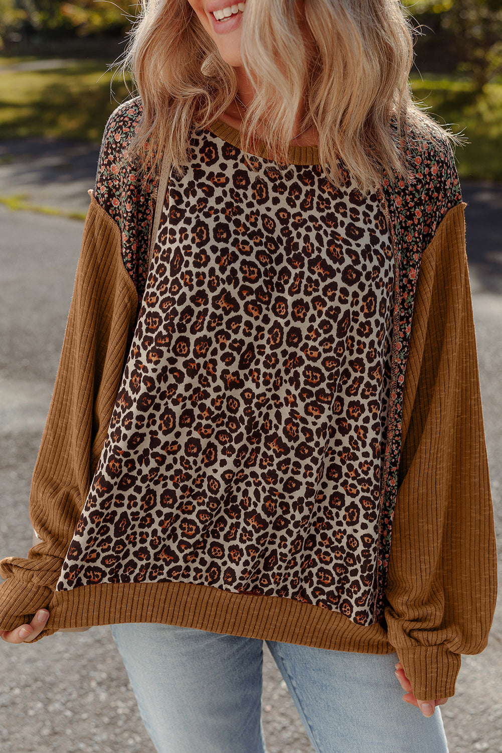 Brown Leopard Floral Print Ribbed Puff Sleeve Patchwork Loose Pullover-Tops/Long Sleeve Tops-[Adult]-[Female]-2022 Online Blue Zone Planet