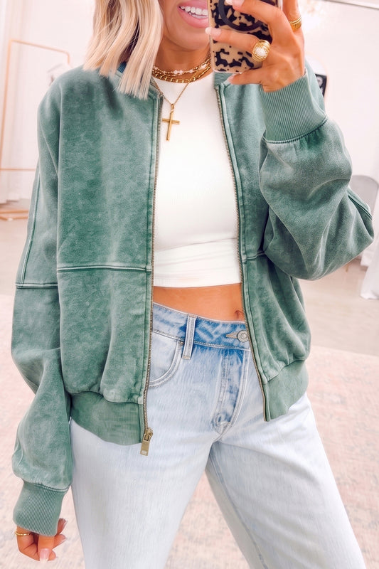 Evergreen Mineral Washed Zip Open-Front Jacket Style Cotton Sweatshirt-Tops/Sweatshirts & Hoodies-[Adult]-[Female]-Evergreen-S-2022 Online Blue Zone Planet