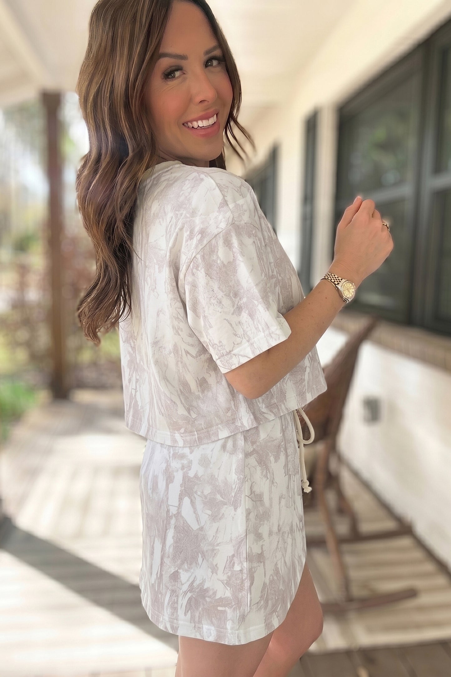 Gray Woodland Camo Print Raw Edge Cropped Top Skirt Set-Two Piece Sets/Two Piece Dresses-[Adult]-[Female]-2022 Online Blue Zone Planet