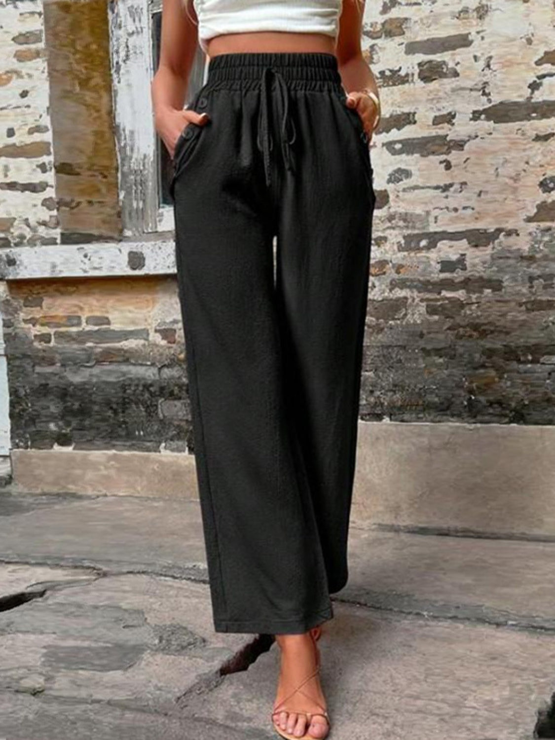 Tied High Waist Wide Leg Pants with Pockets-TOPS / DRESSES-[Adult]-[Female]-Black-S-2022 Online Blue Zone Planet