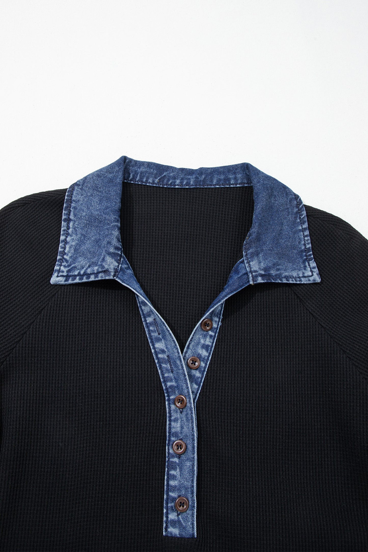 Black Waffle Knit Denim Contrast Trim Patchwork Button Polo Collar Top-Tops/Tops & Tees-[Adult]-[Female]-2022 Online Blue Zone Planet
