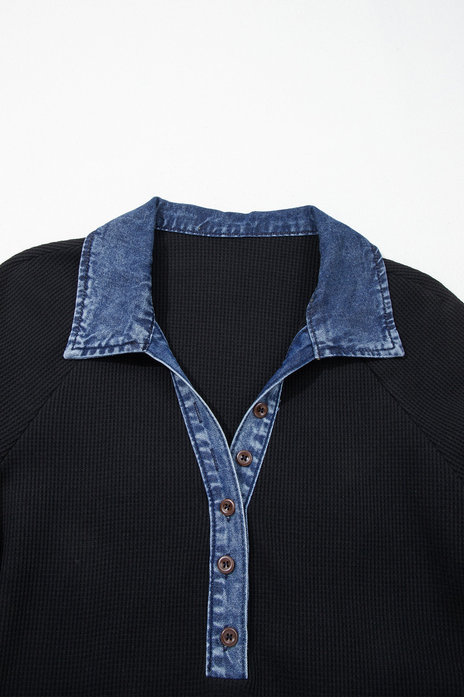Black Waffle Knit Denim Contrast Trim Patchwork Button Polo Collar Top-Tops/Tops & Tees-[Adult]-[Female]-2022 Online Blue Zone Planet