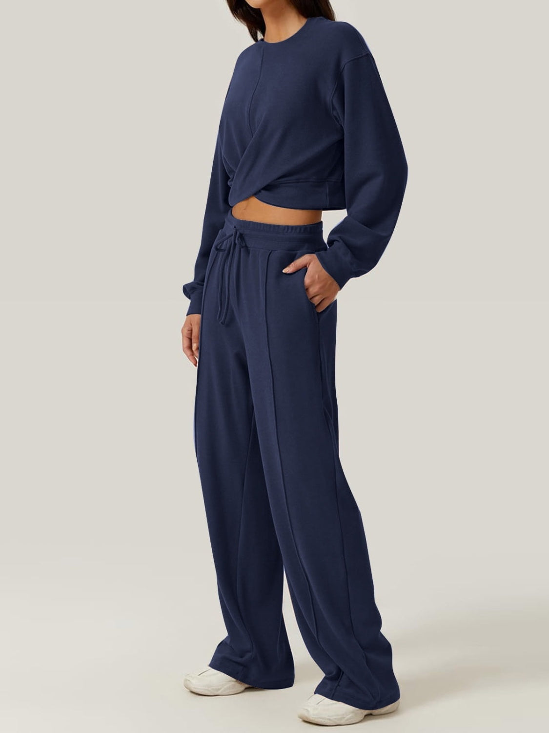 Crisscross Round Neck Top and Drawstring Pants Set-BOTTOMS SIZES SMALL MEDIUM LARGE-[Adult]-[Female]-Navy-S-2022 Online Blue Zone Planet