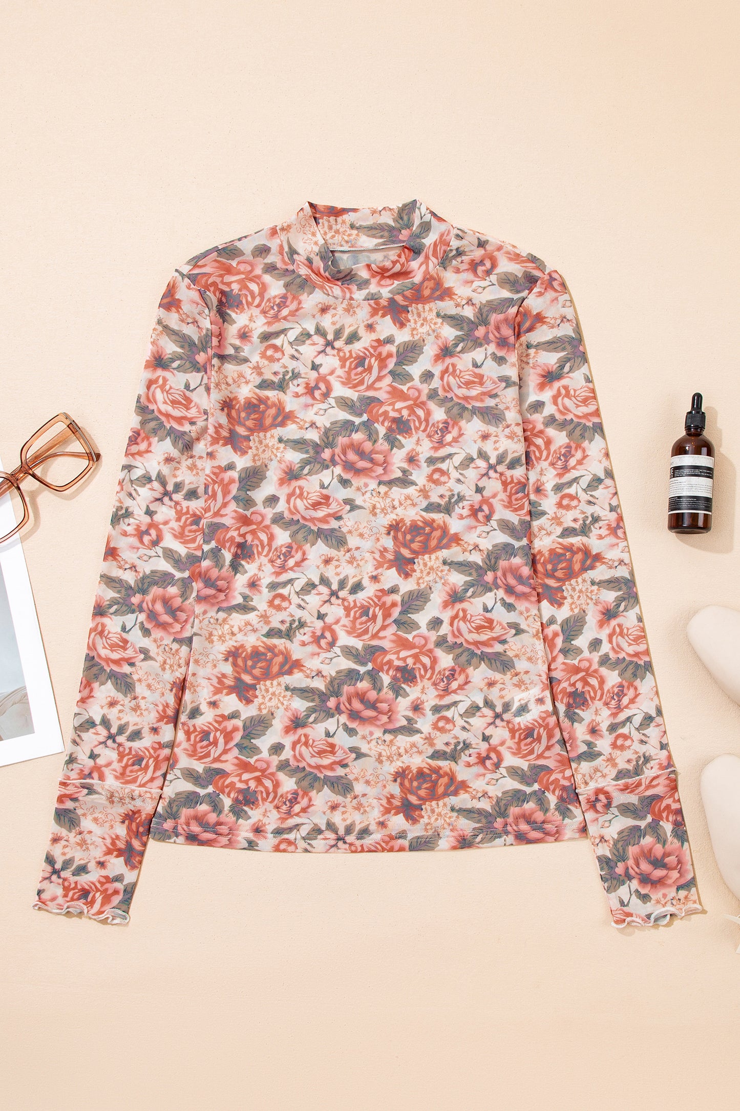 White Retro Floral Print Mock Neck Mesh Long Sleeve Top-Tops/Long Sleeve Tops-[Adult]-[Female]-2022 Online Blue Zone Planet