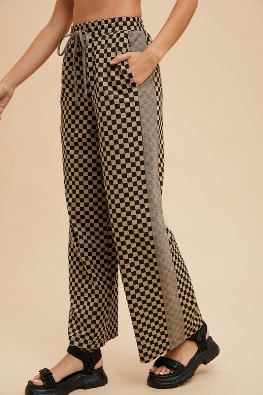 Annie Wear Drawstring Checkered Wide Leg Pants-BOTTOM SIZES SMALL MEDIUM LARGE-[Adult]-[Female]-2022 Online Blue Zone Planet