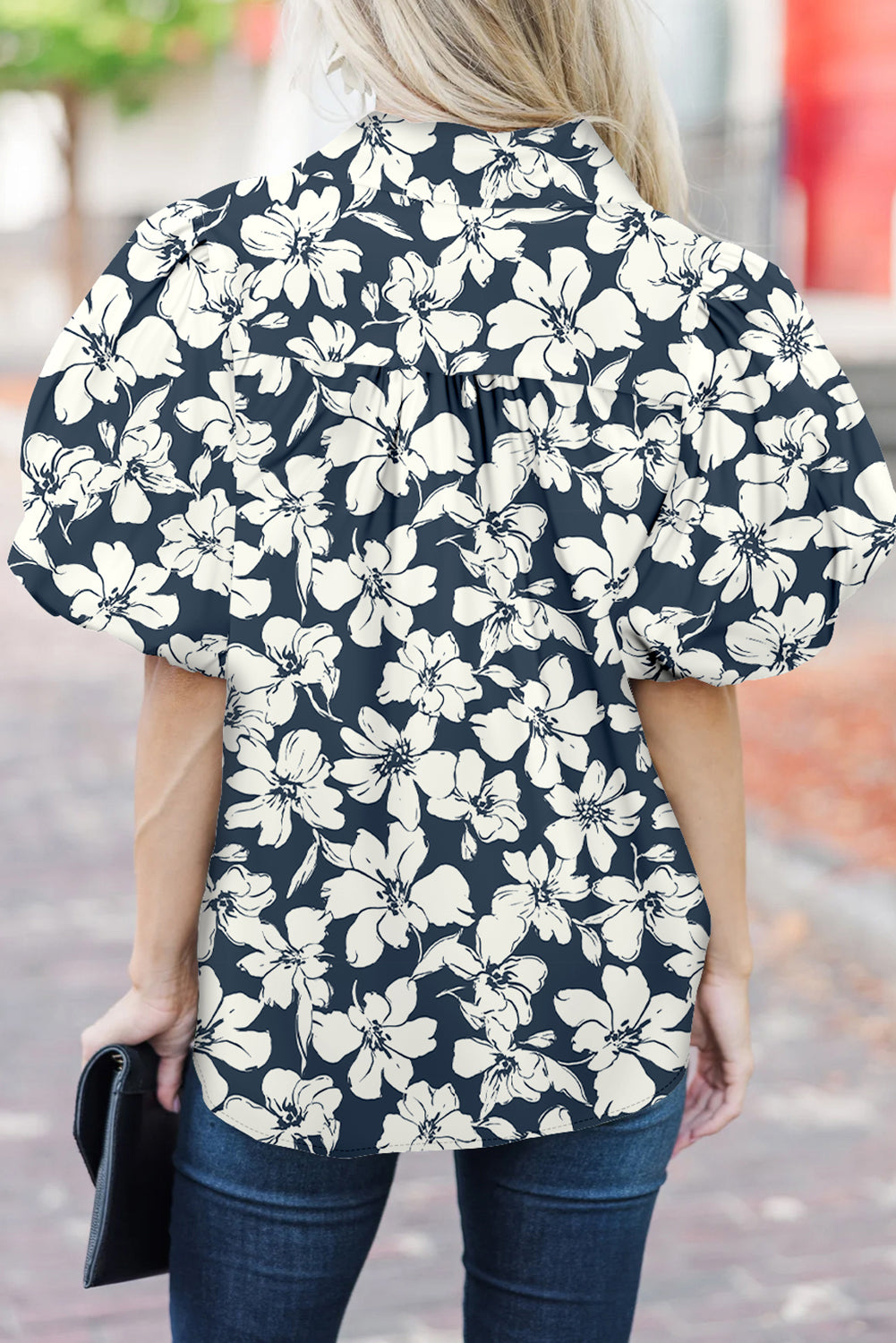 Blue Floral Short Puff Sleeve Summer Shirt-Tops/Blouses & Shirts-[Adult]-[Female]-2022 Online Blue Zone Planet