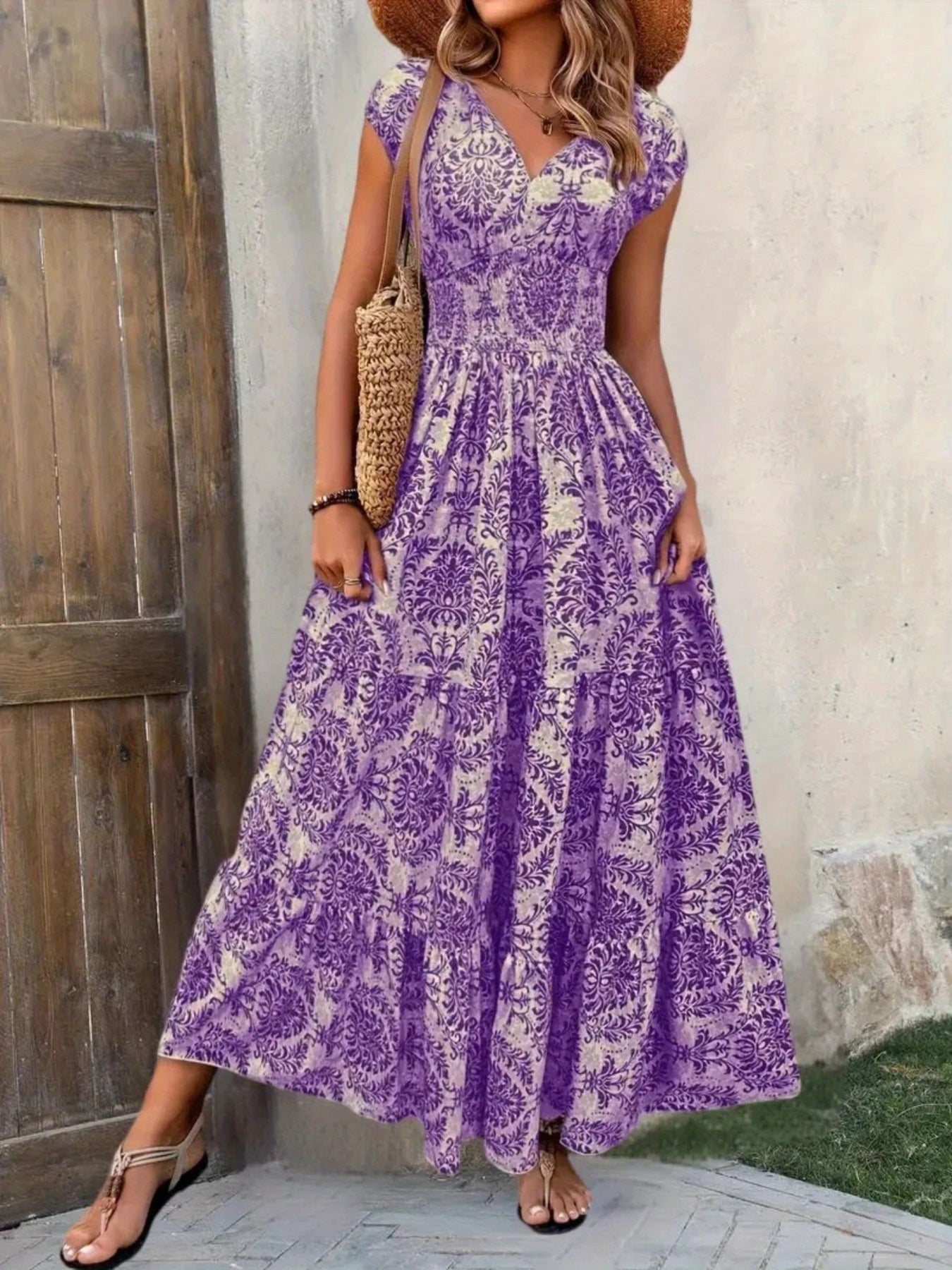 floral maxi dress with cap sleeves Women's Maxi Long Dress Long Dress Maxi Dress Beach Dress Floral Dress Boho Dress Elegant Fashion Modern Daily Outdoor Vacation Regular Fit Floral