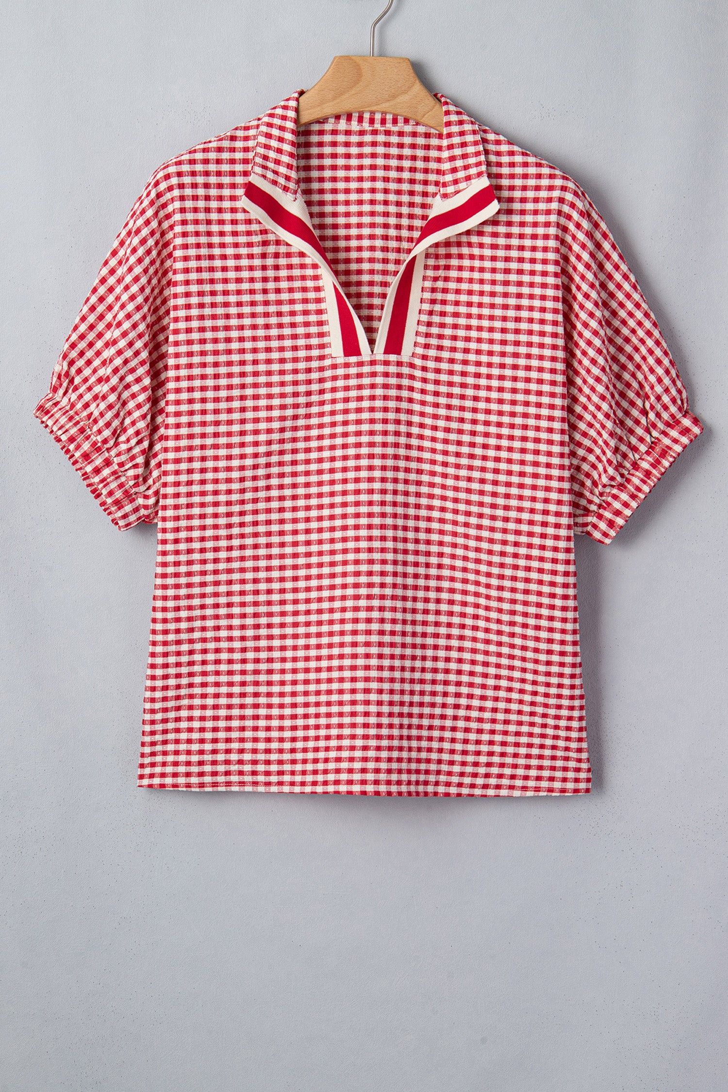 Red Plaid Short Sleeve Colorblock Trim Split Neck Blouse-Tops/Blouses & Shirts-[Adult]-[Female]-2022 Online Blue Zone Planet