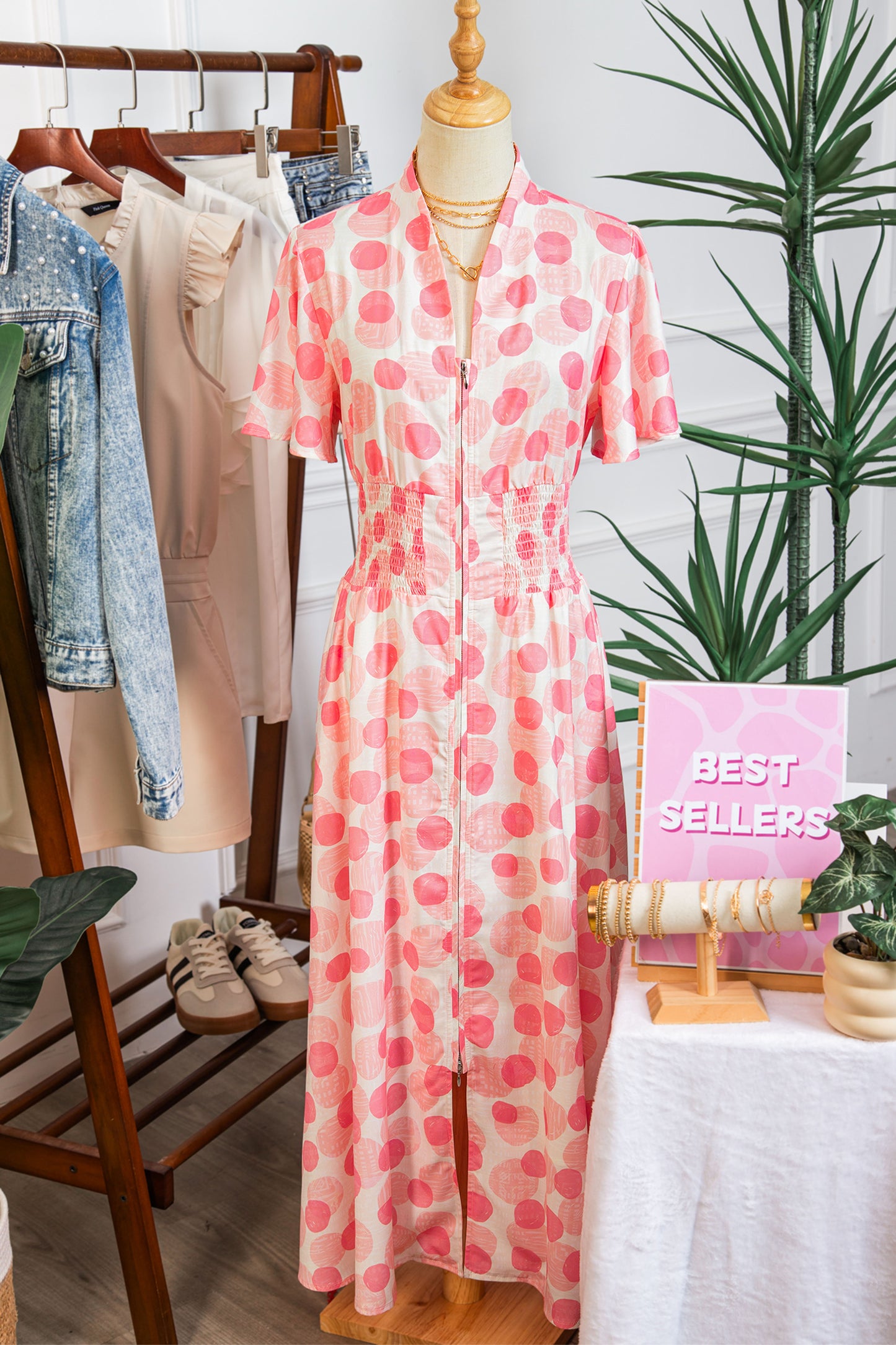 Pink Polka Dot Printed Ruffle Short Sleeve Zip Up Long Dress-TOPS / DRESSES-[Adult]-[Female]-2022 Online Blue Zone Planet