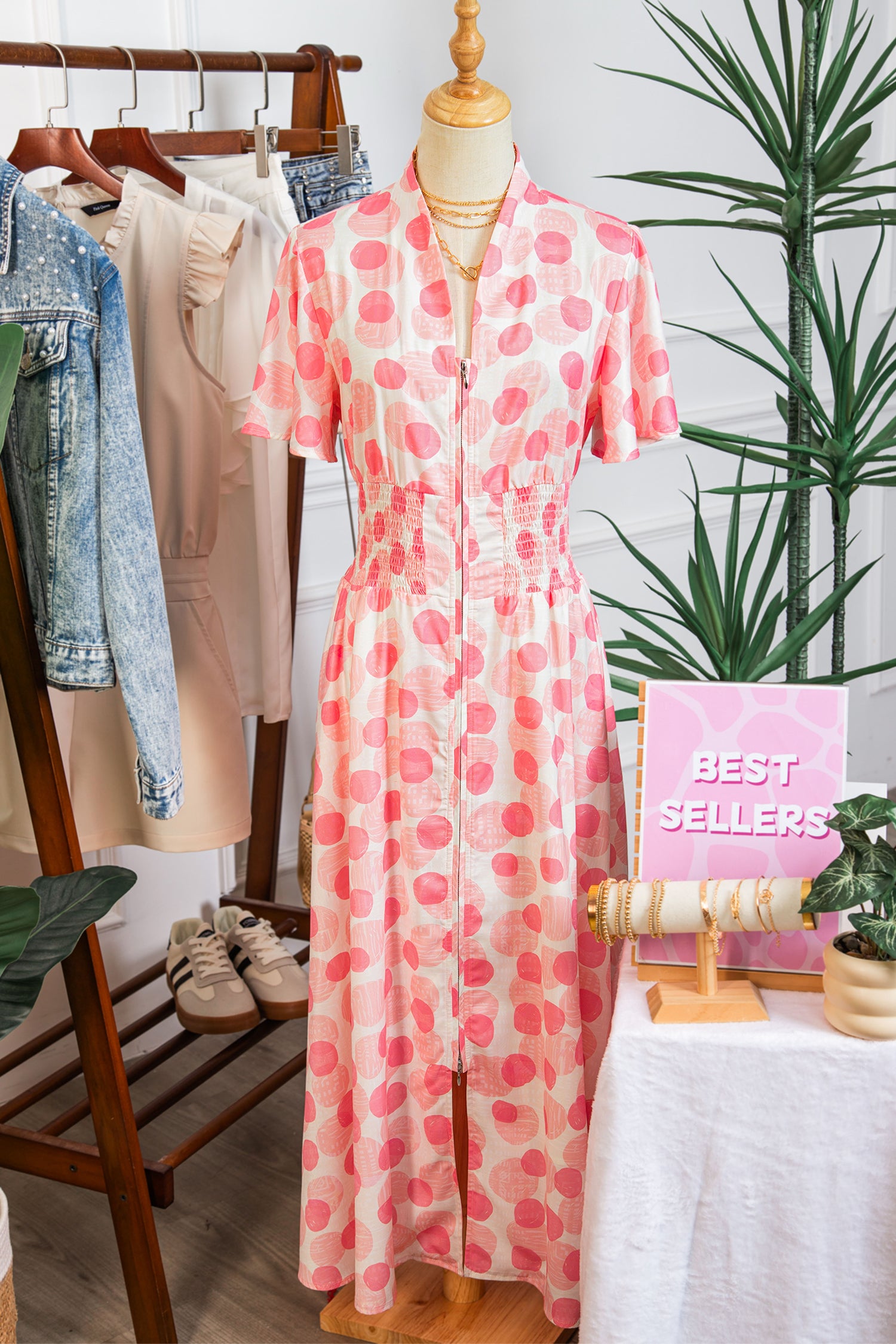 Pink Polka Dot Printed Ruffle Short Sleeve Zip Up Long Dress-TOPS / DRESSES-[Adult]-[Female]-2022 Online Blue Zone Planet