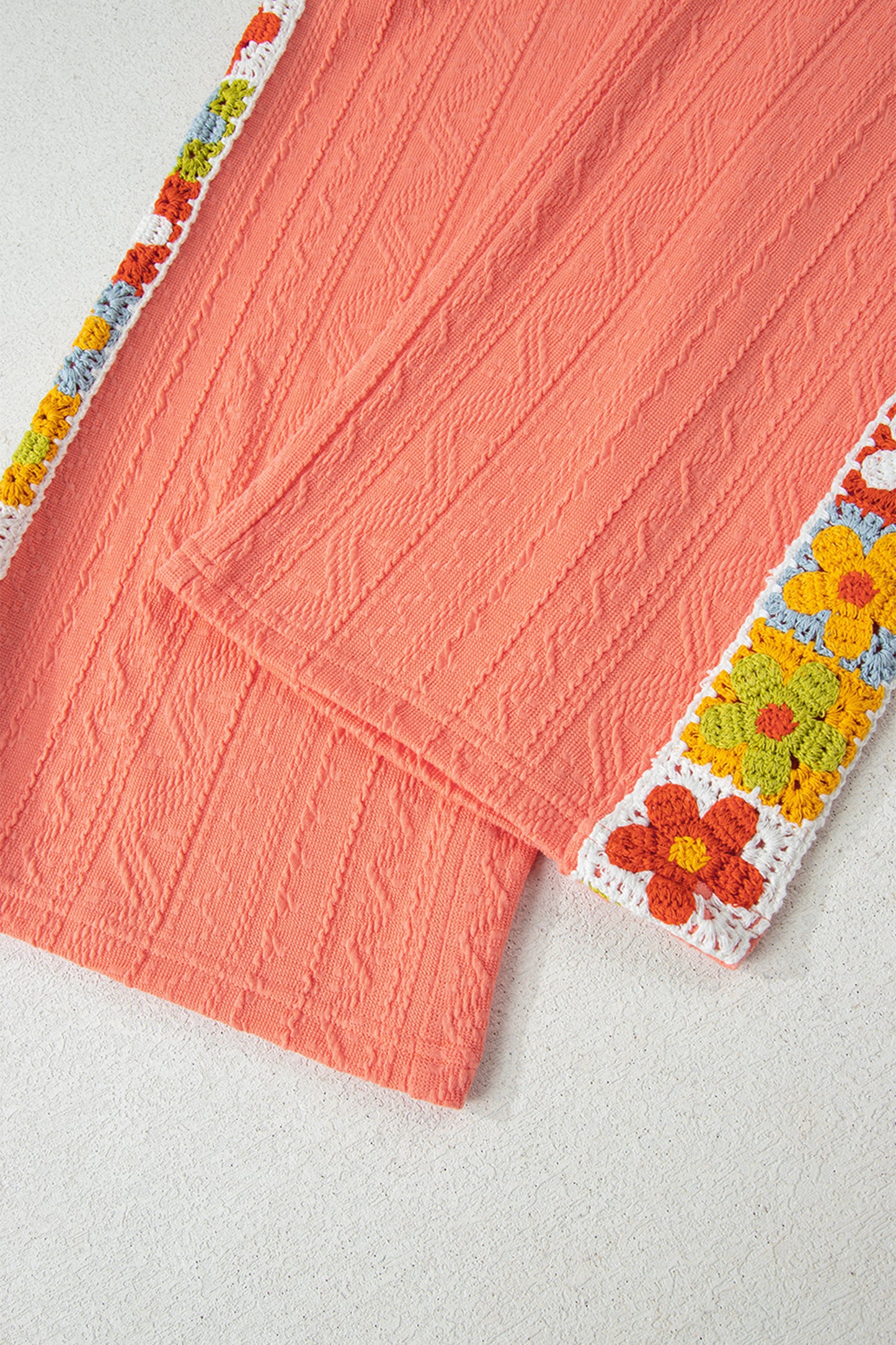 Grapefruit Orange Crochet Floral Accent V Neck Textured Pants Set-Two Piece Sets/Pant Sets-[Adult]-[Female]-2022 Online Blue Zone Planet