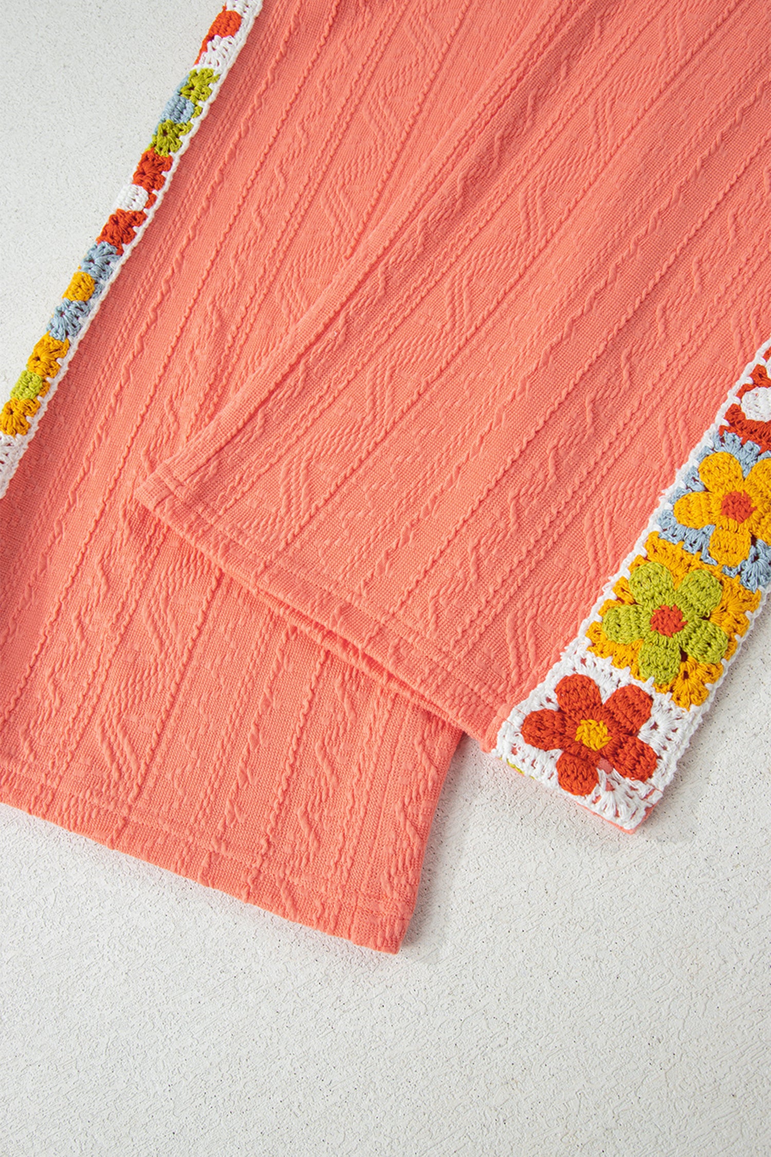 Grapefruit Orange Crochet Floral Accent V Neck Textured Pants Set-Two Piece Sets/Pant Sets-[Adult]-[Female]-2022 Online Blue Zone Planet