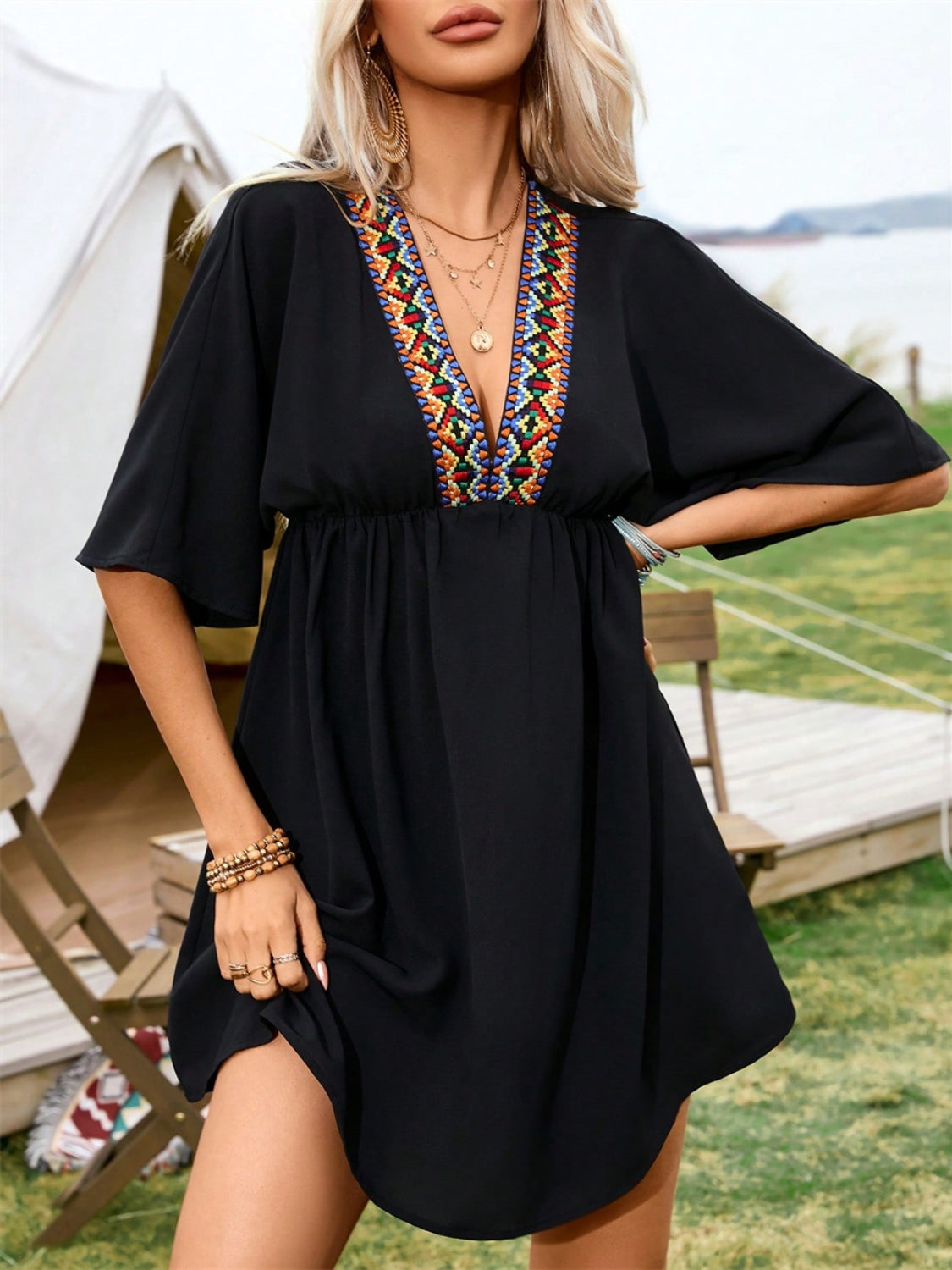 Embroidered Plunge Half Sleeve Mini Dress-TOPS / DRESSES-[Adult]-[Female]-2022 Online Blue Zone Planet