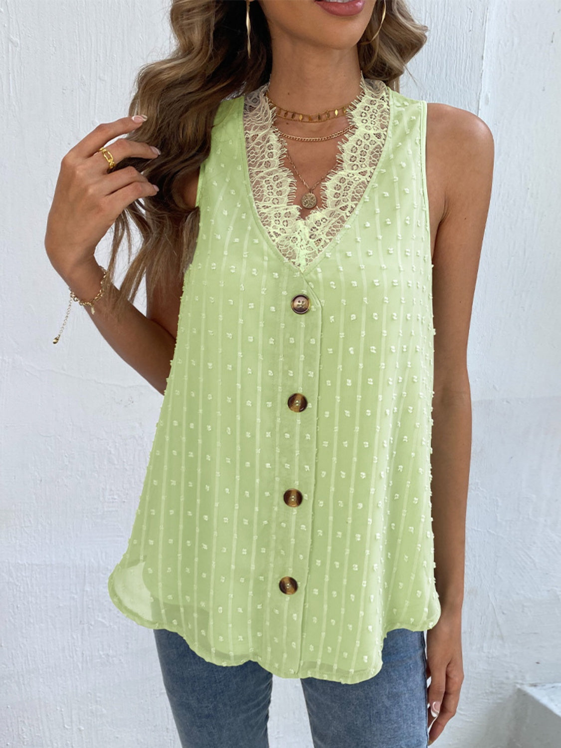 Shiny Swiss Dot Lace Detail V-Neck Tank-TOPS / DRESSES-[Adult]-[Female]-Yellow-Green-S-2022 Online Blue Zone Planet