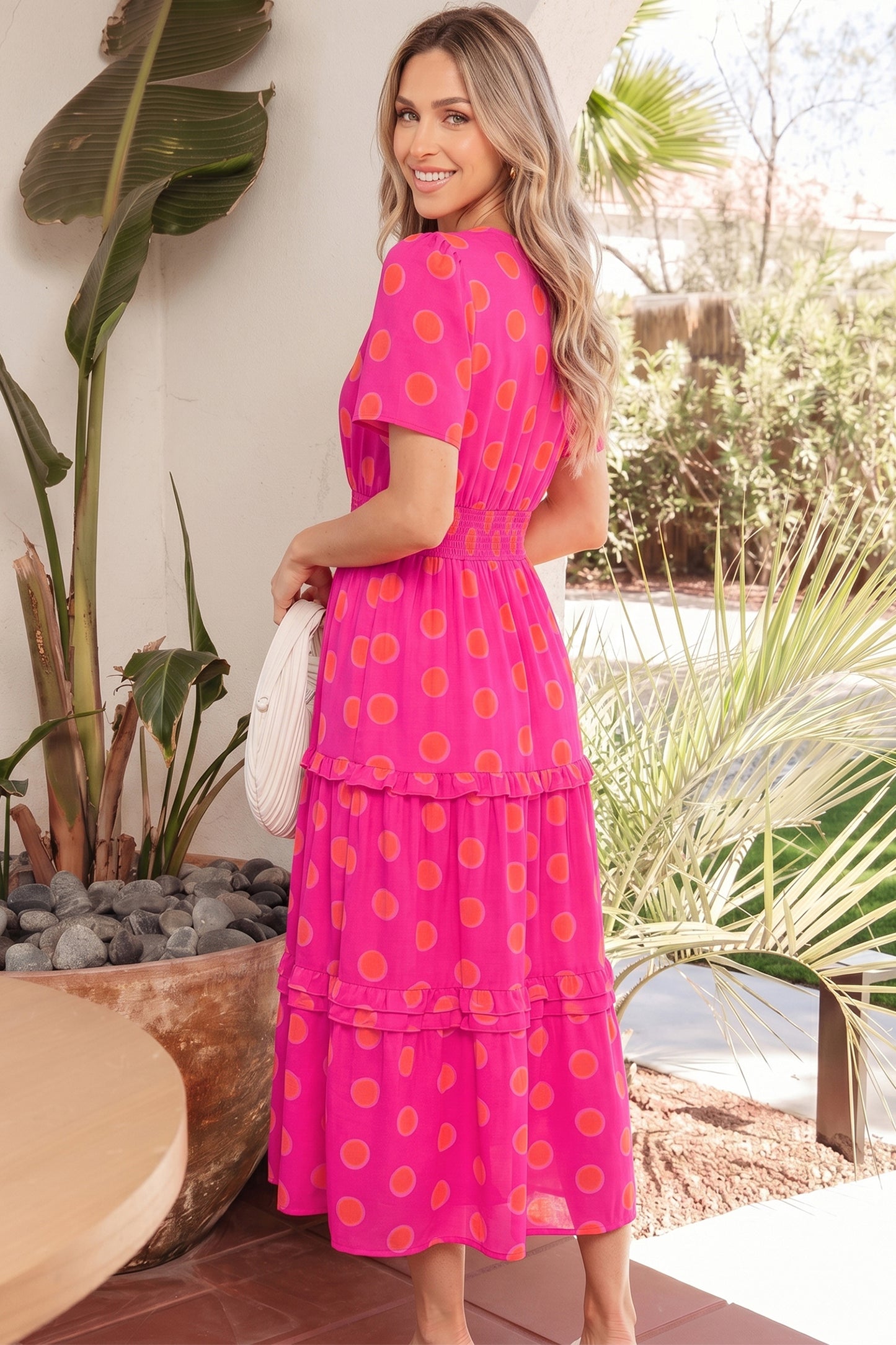Rose Double Polka Dot Short Sleeve Shirred High Waist Midi Dress-Dresses/Midi Dresses-[Adult]-[Female]-2022 Online Blue Zone Planet