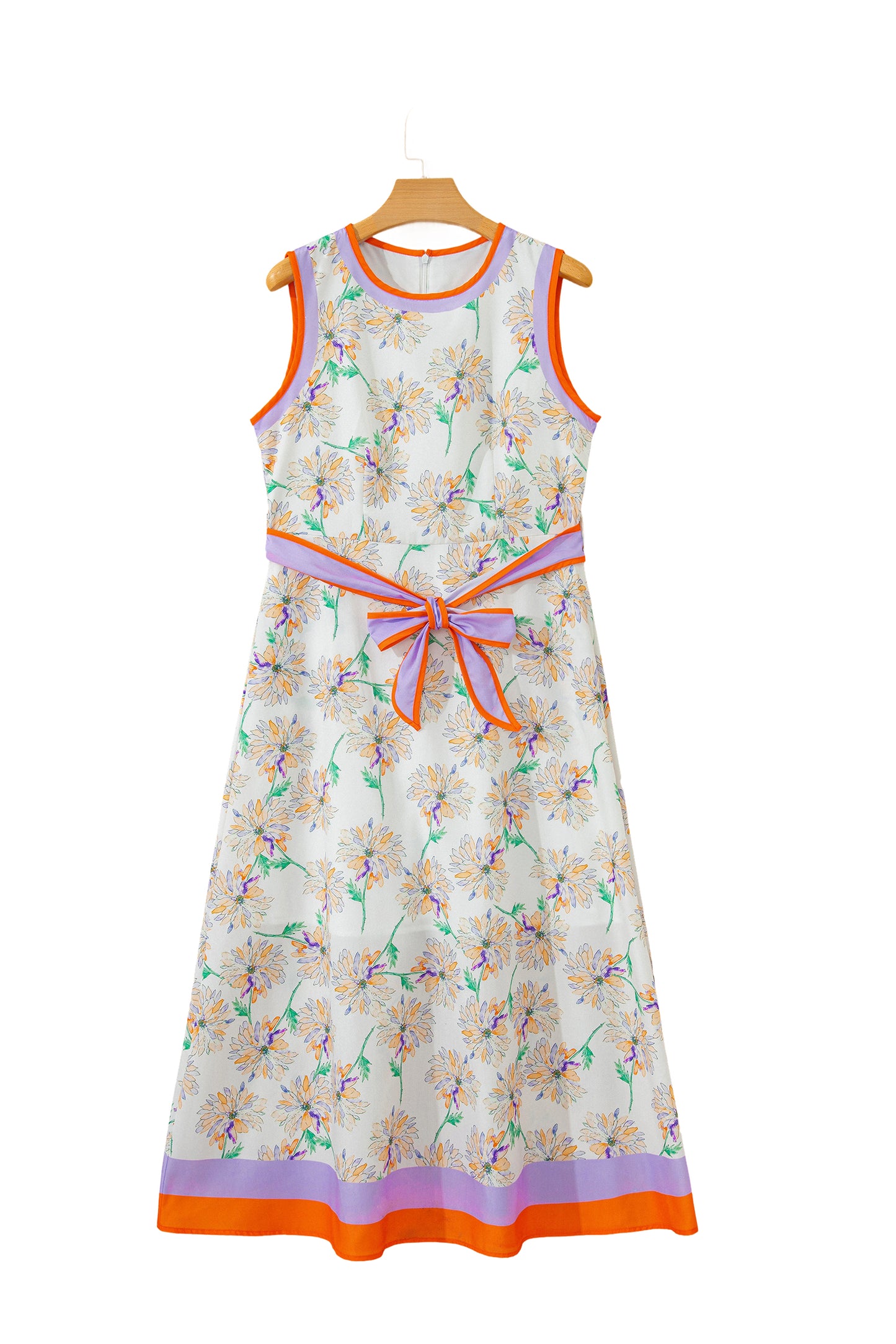 White Floral Print Color Block Trim Belted Sleeveless Maxi Dress-TOPS / DRESSES-[Adult]-[Female]-2022 Online Blue Zone Planet