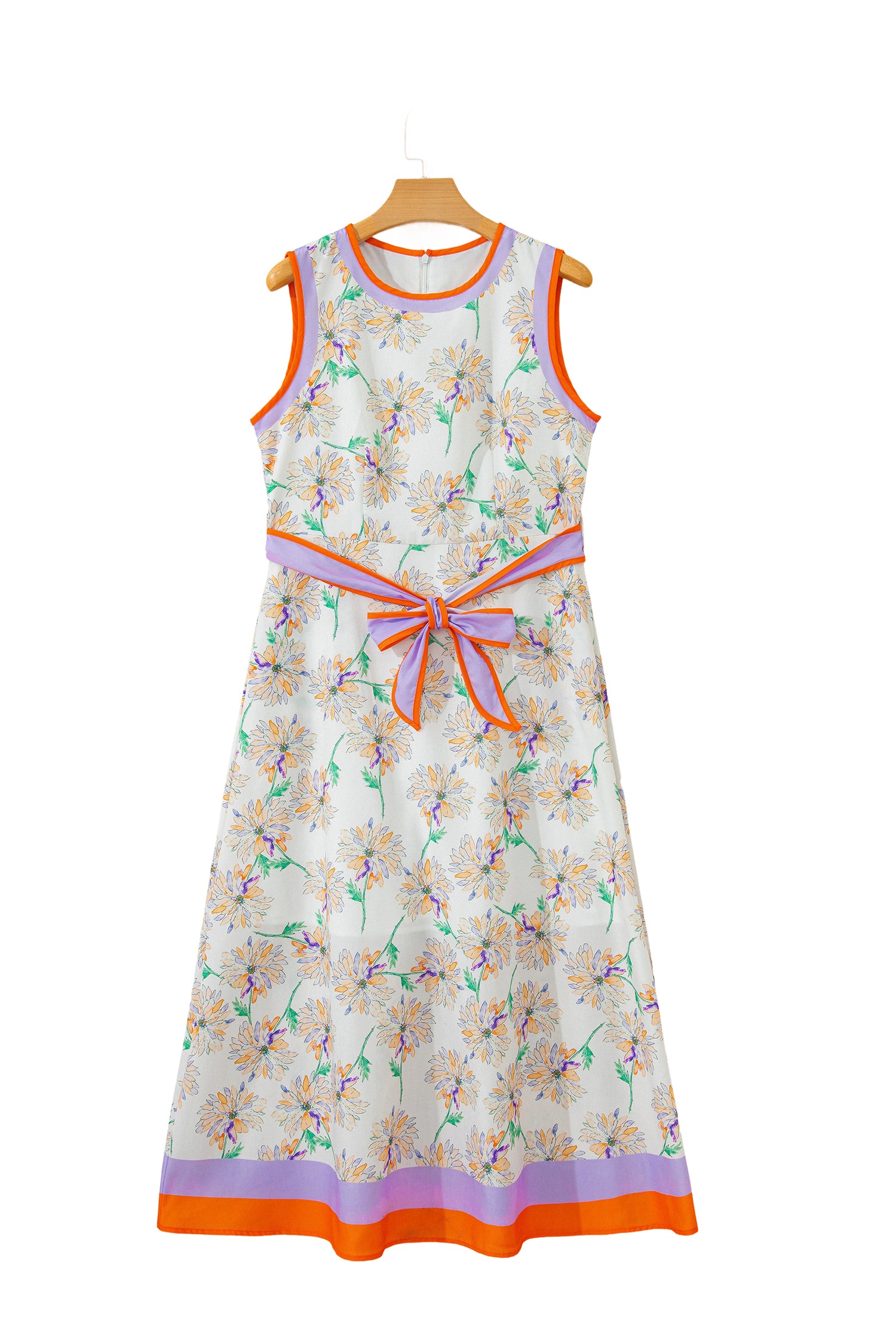 White Floral Print Color Block Trim Belted Sleeveless Maxi Dress-TOPS / DRESSES-[Adult]-[Female]-2022 Online Blue Zone Planet