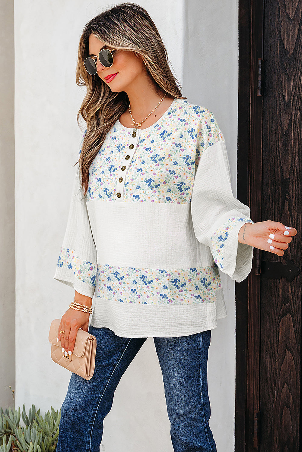 Sky Blue Floral Print Gauze Patchwork Henley Button 3/4 Sleeve Blouse-Tops/Blouses & Shirts-[Adult]-[Female]-2022 Online Blue Zone Planet