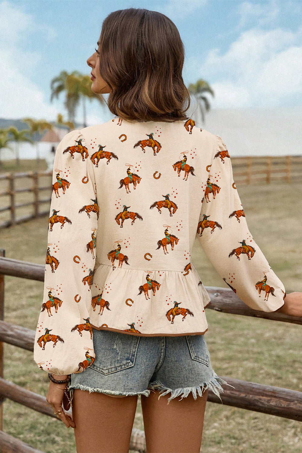 Apricot Western Rodeo Print Tied Front Puff Sleeve Peplum Top-Tops/Blouses & Shirts-[Adult]-[Female]-2022 Online Blue Zone Planet