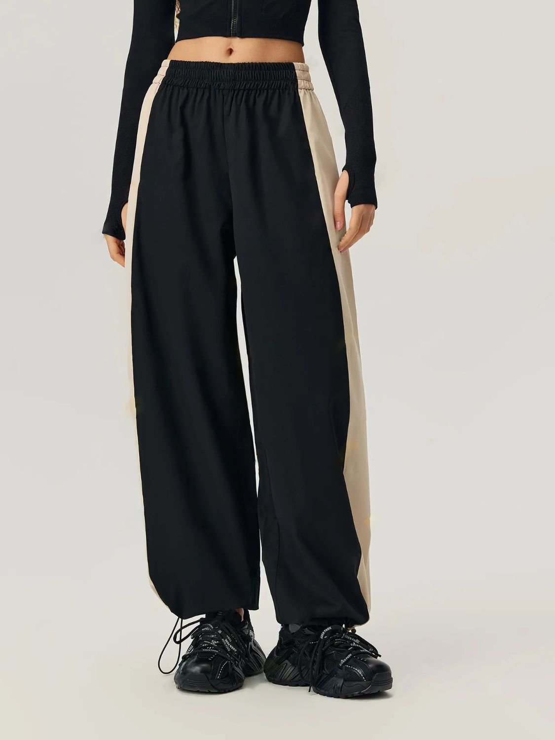 Blue Zone Planet | Drawstring Hem Contrast Elastic Waist Pants-TOPS / DRESSES-[Adult]-[Female]-Black-S-2022 Online Blue Zone Planet