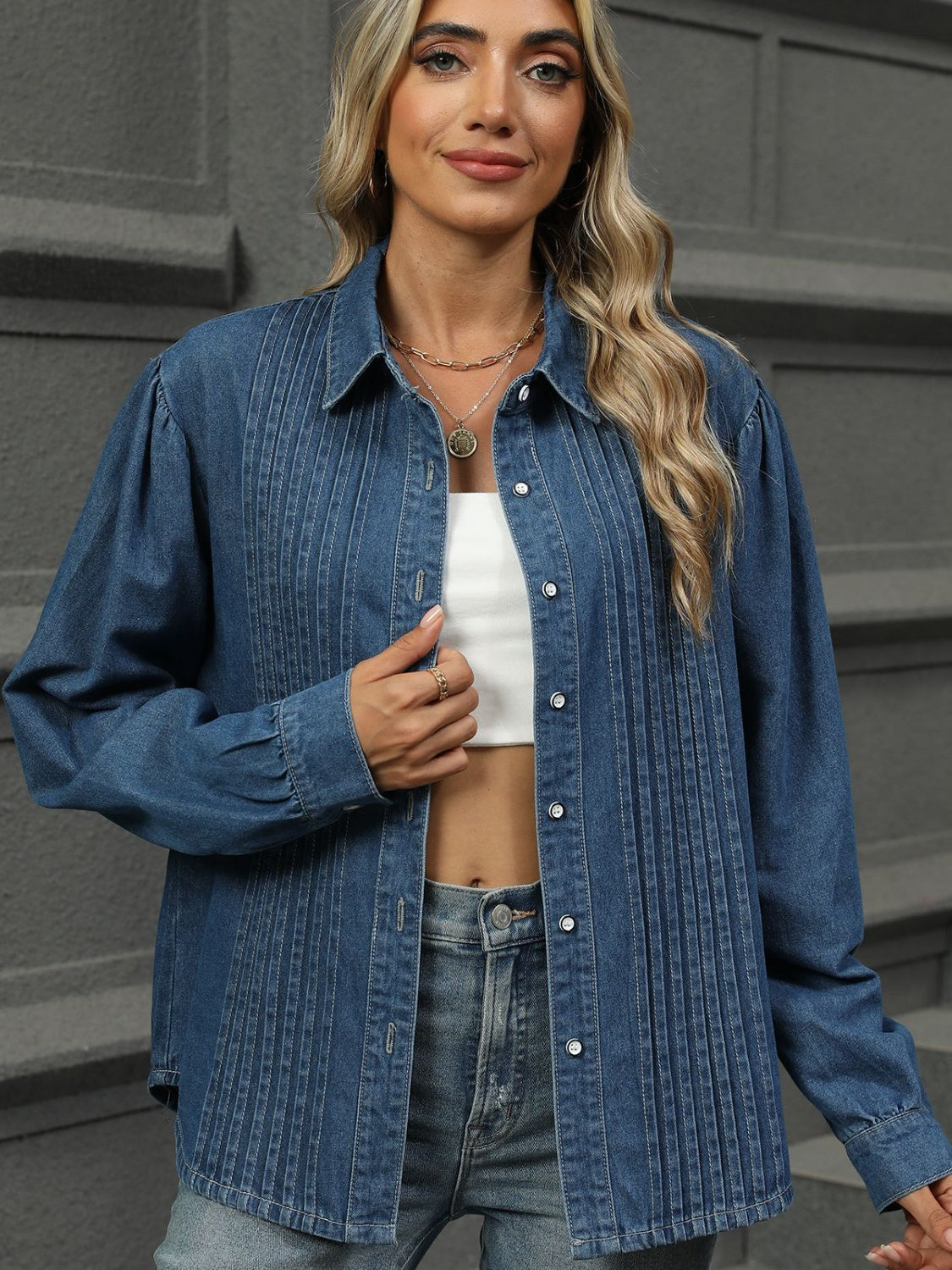 Button Down Collared Neck Long Sleeve Denim Top-TOPS / DRESSES-[Adult]-[Female]-2022 Online Blue Zone Planet