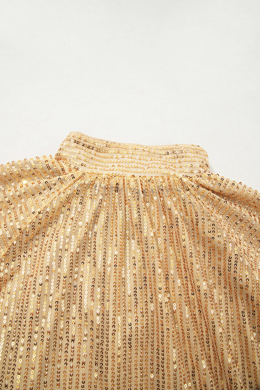 Gold Metallic Balloon Sleeve Buttoned High Neck Loose Blouse-Tops/Blouses & Shirts-[Adult]-[Female]-2022 Online Blue Zone Planet