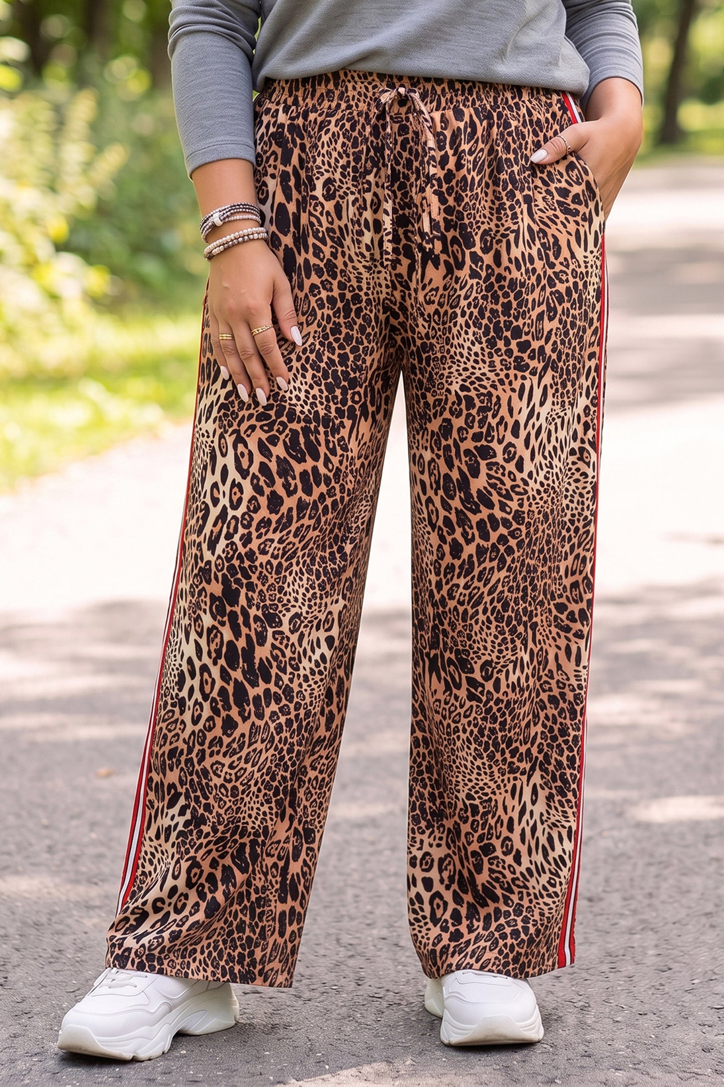 Khaki Leopard Print Colorblock Side Stripes Wide Leg Full Length Plus Size Pants