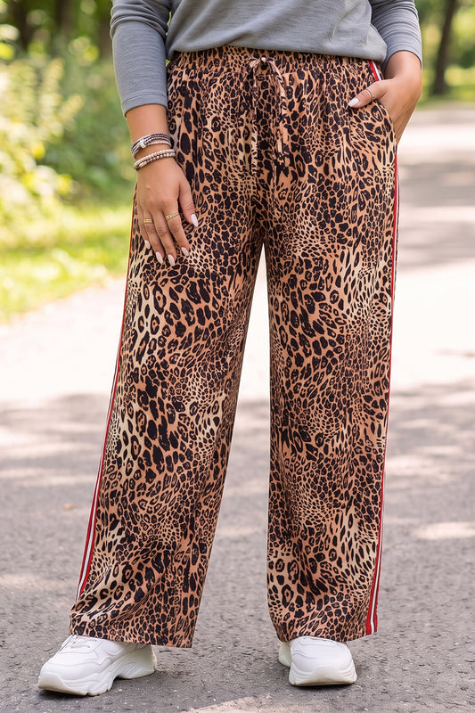 Khaki Leopard Print Colorblock Side Stripes Wide Leg Full Length Plus Size Pants-Plus Size/Plus Size Bottoms-[Adult]-[Female]-Khaki-1X-2022 Online Blue Zone Planet