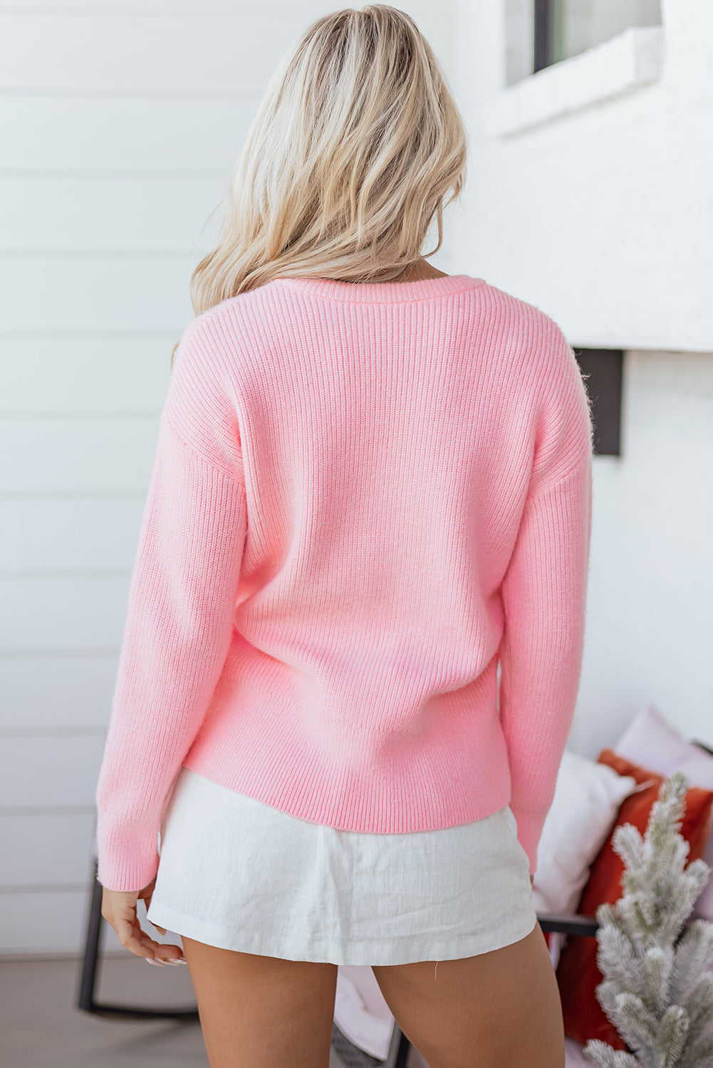 Pink Merry Candy Cane Puffy Knit Crew Neck Sweater-TOPS / DRESSES-[Adult]-[Female]-2022 Online Blue Zone Planet