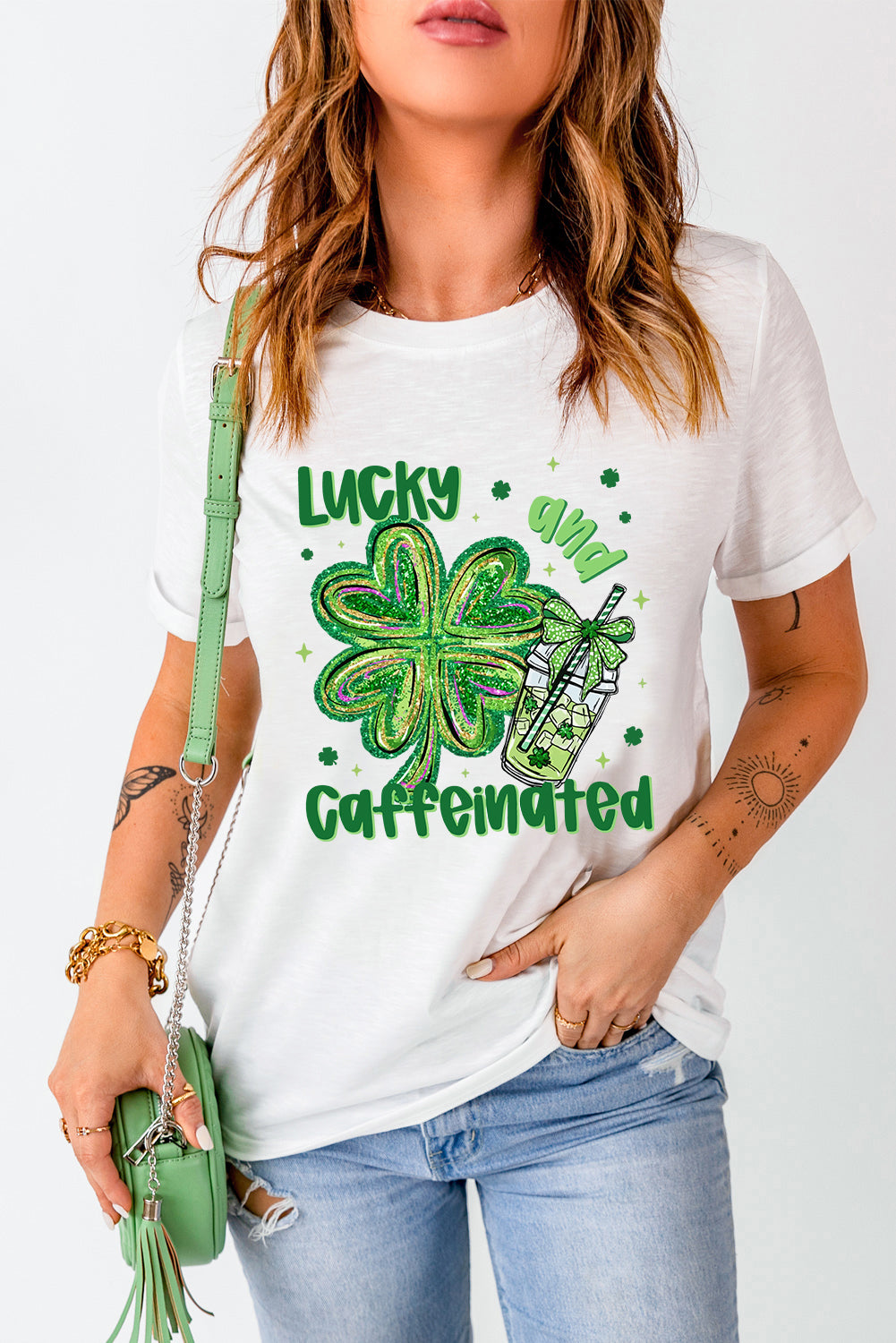 White Lucky And Caffeinated Clover Graphic St Patrick Tee