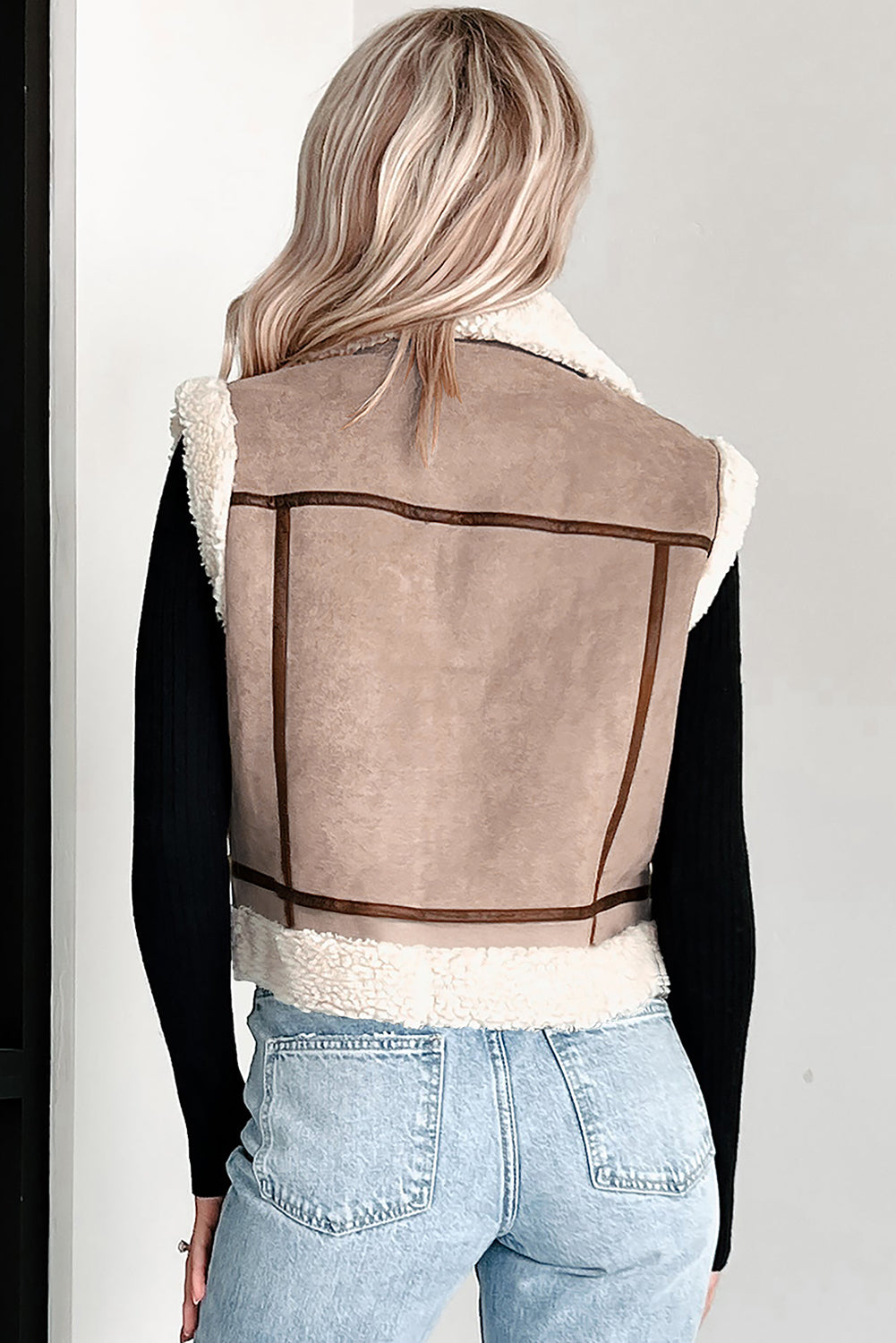 Dark Khaki Sherpa Lined Faux Suede Lapel Collar Vest-Outerwear/Vests-[Adult]-[Female]-2022 Online Blue Zone Planet